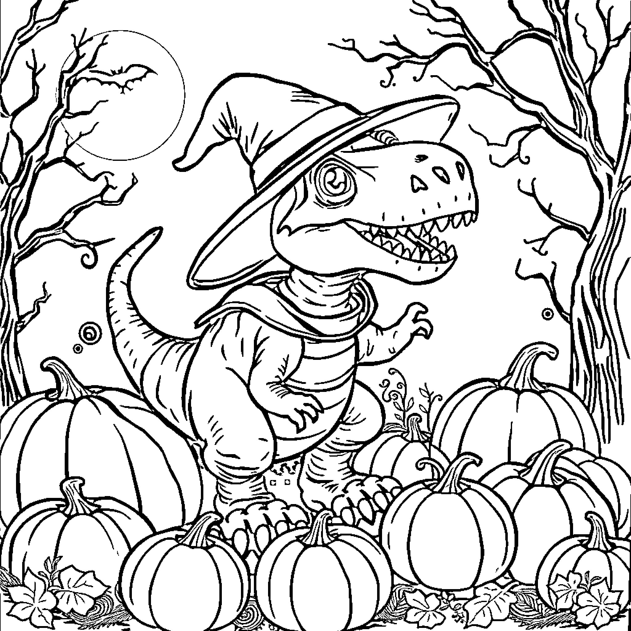 Dino Trick-or-Treating in Spooky Forest Coloring Page (free black-and-white line drawing printable PDF for all, from beginners to advanced learners, including children, teens, adults, and seniors)