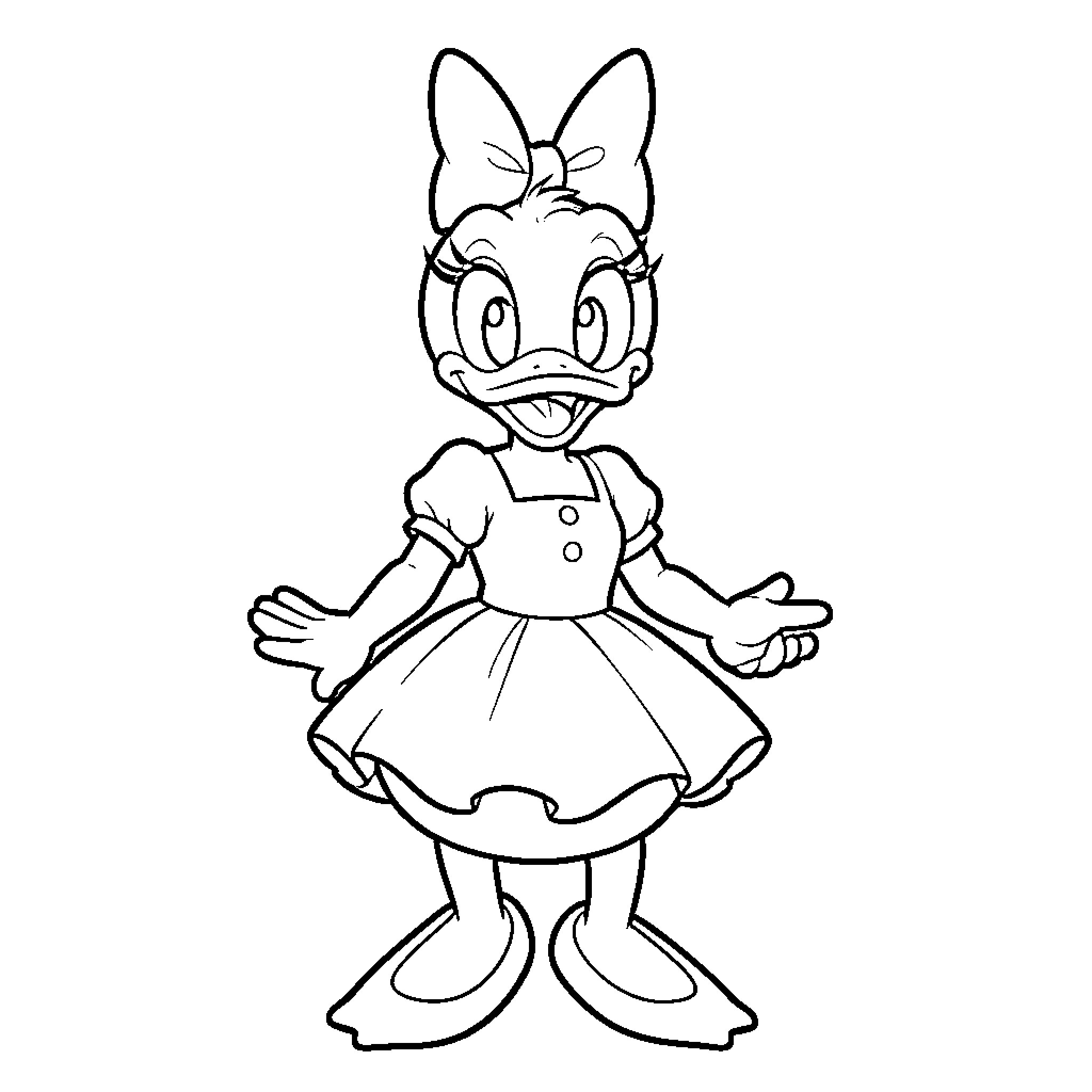 Daisy Duck in Cute Dress Pose Coloring Page (free black-and-white line drawing printable PDF for all, from beginners to advanced learners, including children, teens, adults, and seniors)