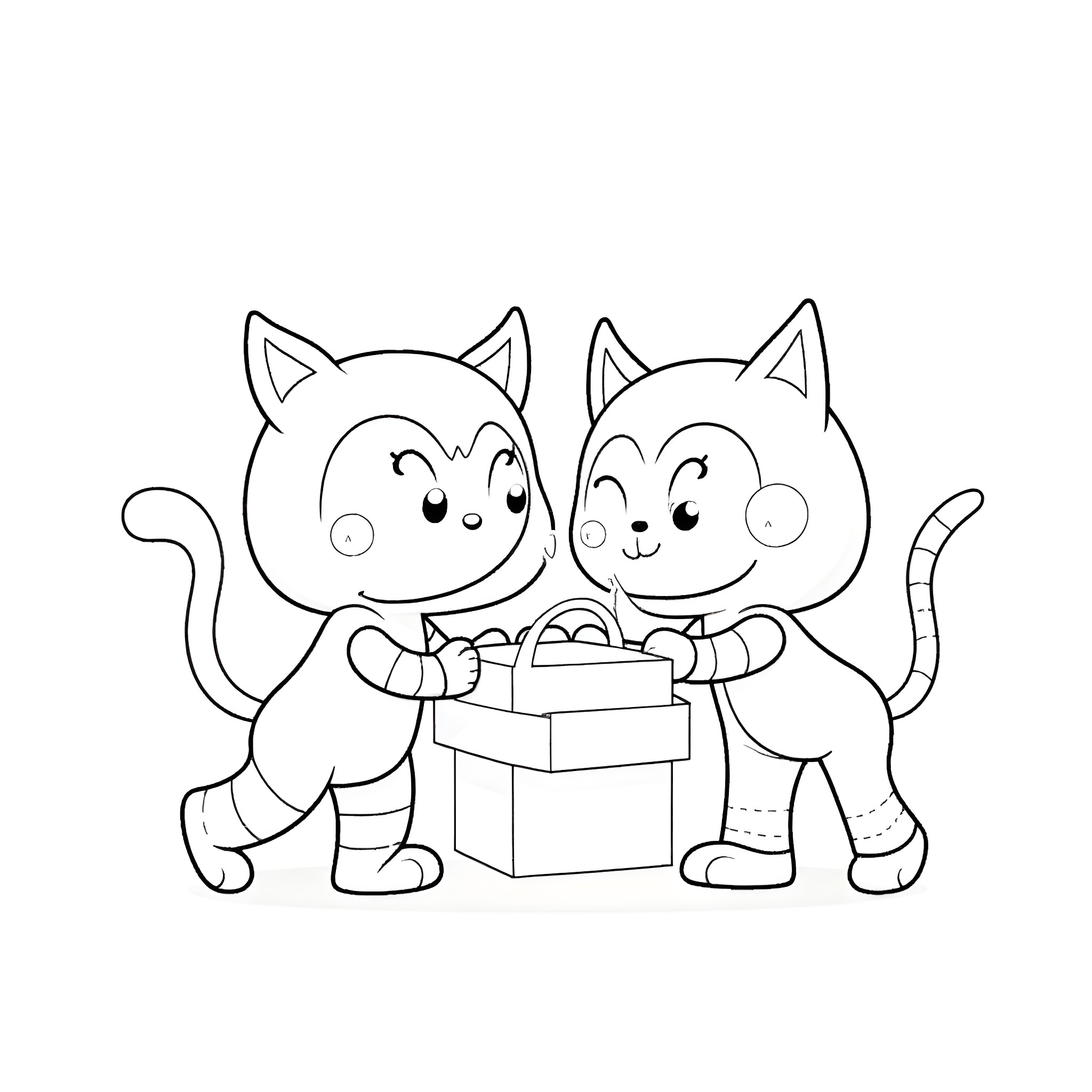 LankyBox kittens with gift box Coloring Page (free black-and-white line drawing printable PDF for all, from beginners to advanced learners, including children, teens, adults, and seniors)