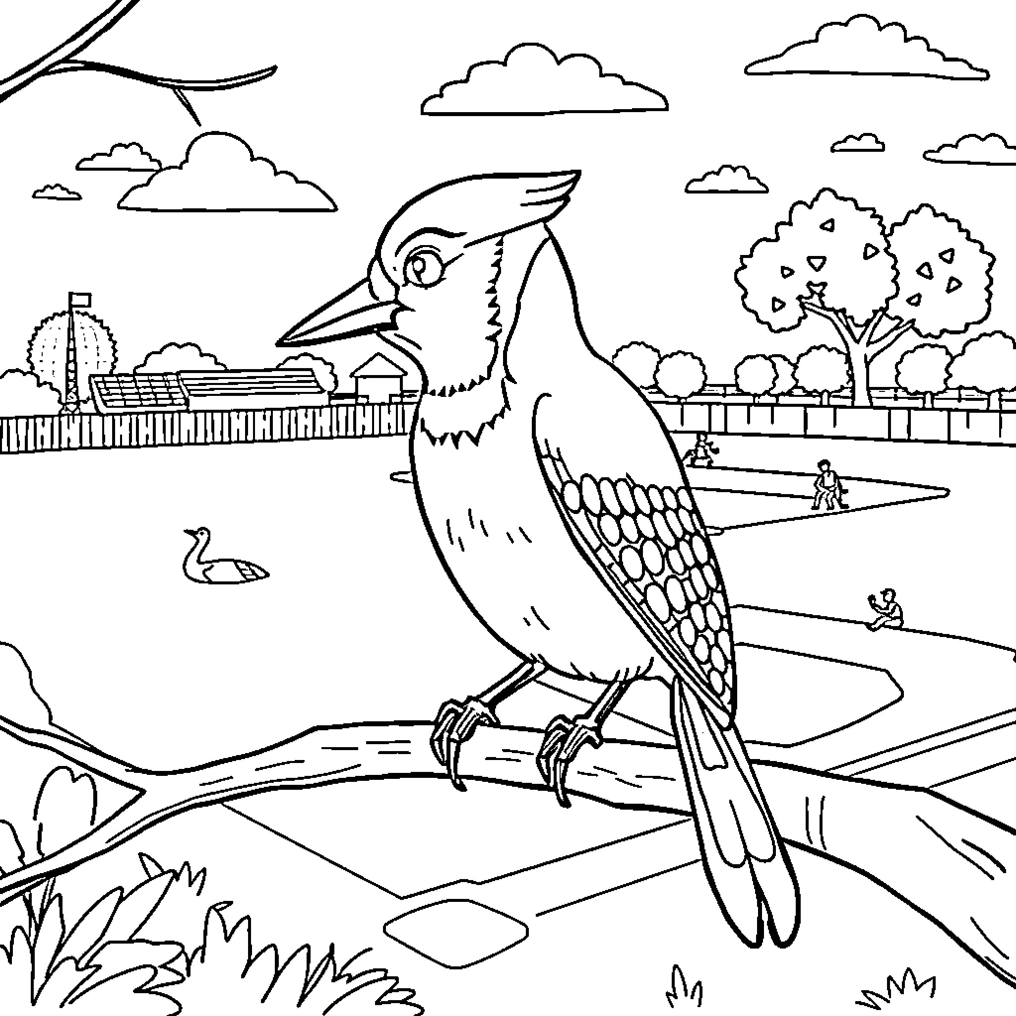 Blue Jay enjoying the scenic outdoors Coloring Page (free black-and-white line drawing printable PDF for all, from beginners to advanced learners, including children, teens, adults, and seniors)