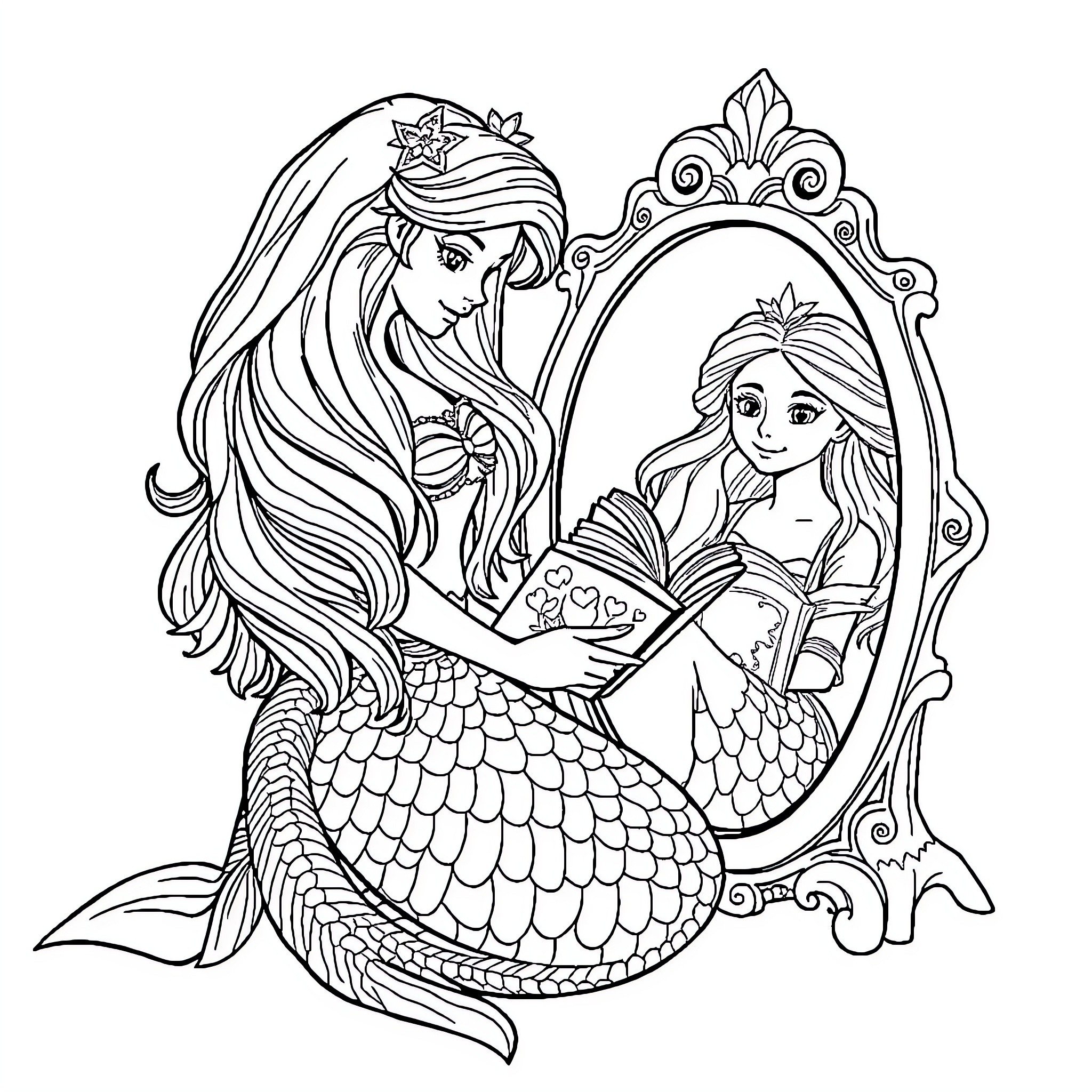 Mermaid sisters admiring each other in a mirror Coloring Page (free black-and-white line drawing printable PDF for all, from beginners to advanced learners, including children, teens, adults, and seniors)