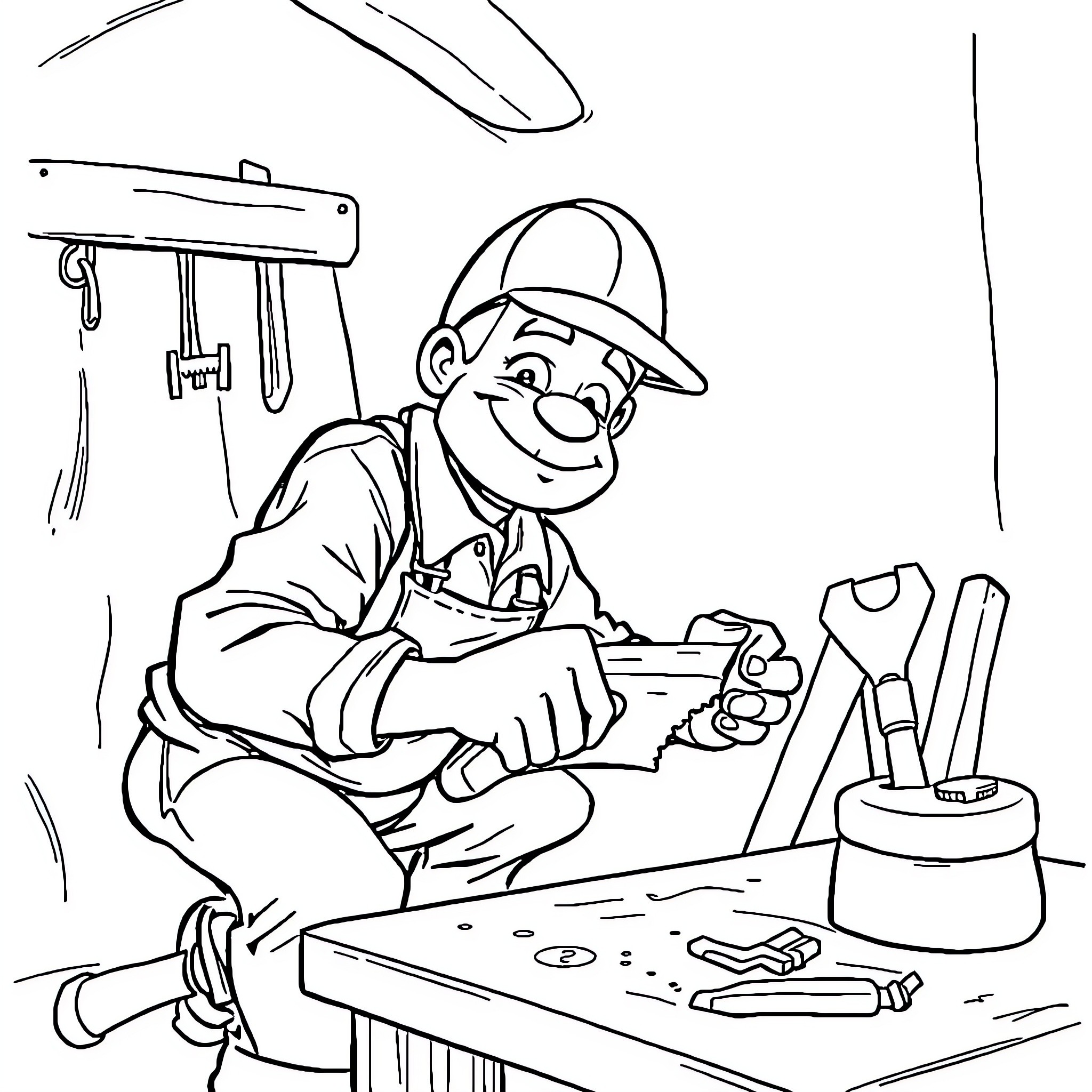 Carpenter working diligently on a project Coloring Page (free black-and-white line drawing printable PDF for all, from beginners to advanced learners, including children, teens, adults, and seniors)