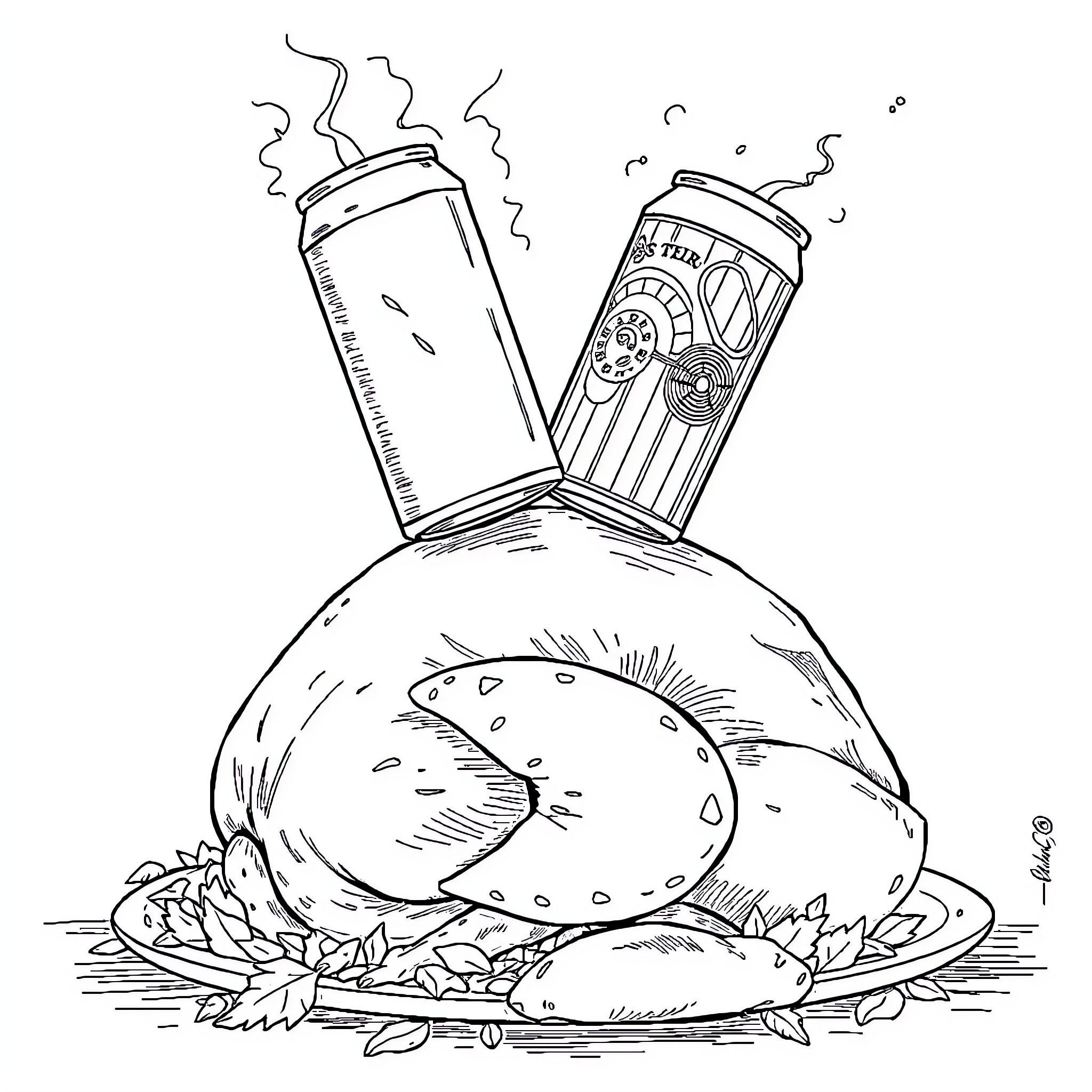 Beer Can Celebration with Festive Food Coloring Page (free black-and-white line drawing printable PDF for all, from beginners to advanced learners, including children, teens, adults, and seniors)