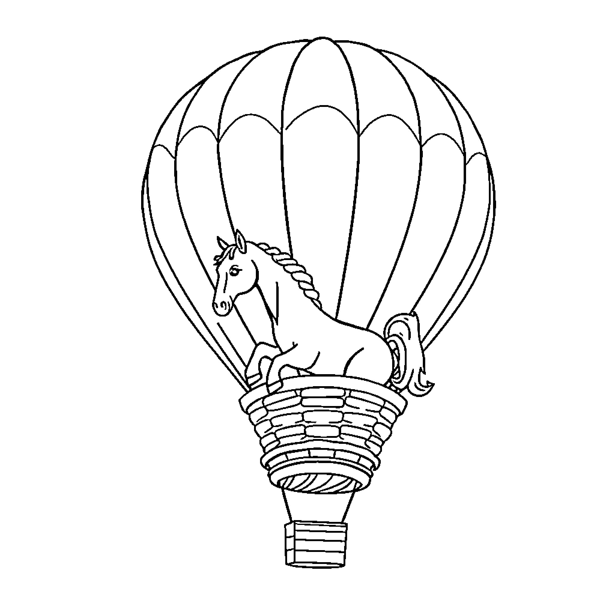 Horse riding in hot air balloon Coloring Page (free black-and-white line drawing printable PDF for all, from beginners to advanced learners, including children, teens, adults, and seniors)