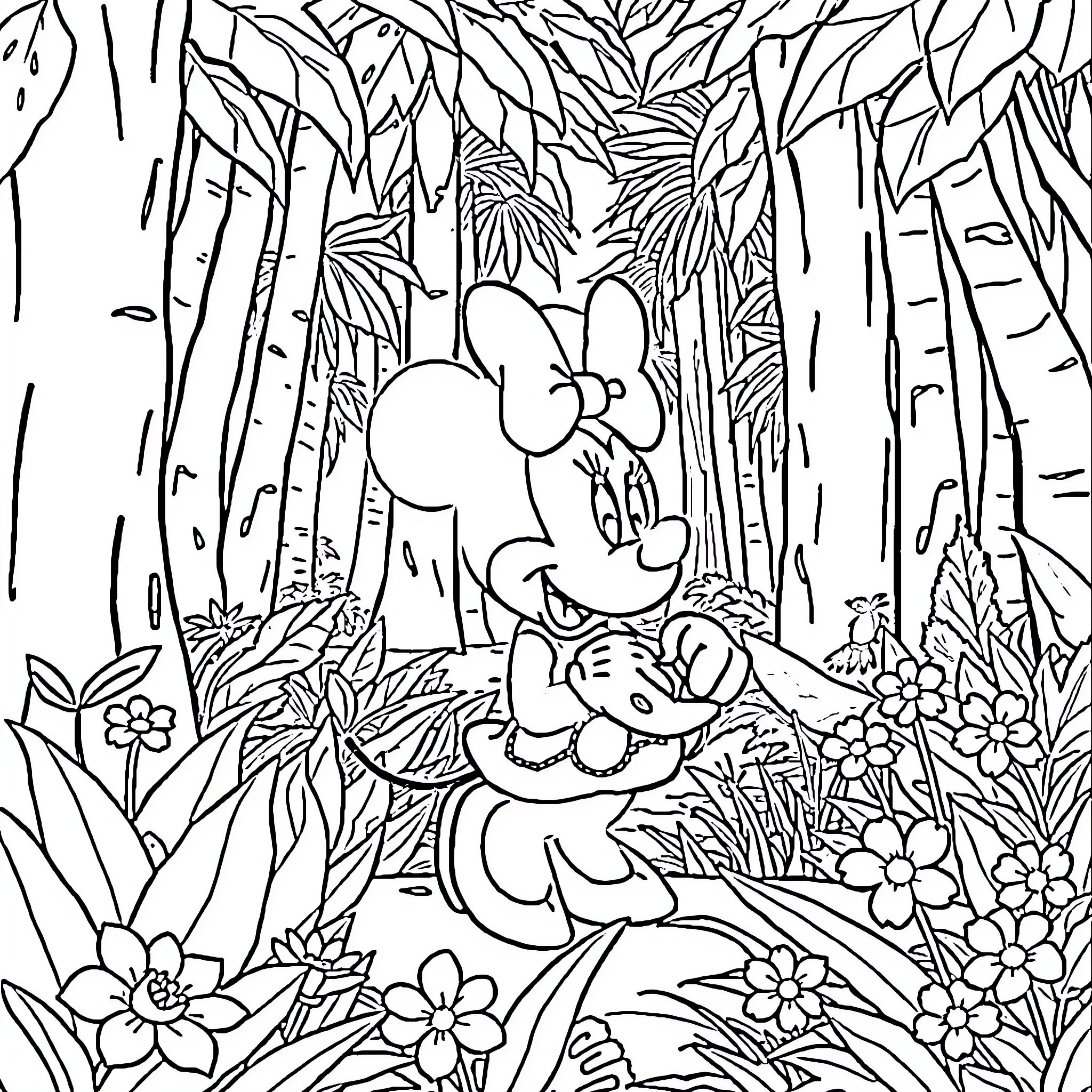 Minnie wandering through the lush jungle scenery Coloring Page (free black-and-white line drawing printable PDF for all, from beginners to advanced learners, including children, teens, adults, and seniors)