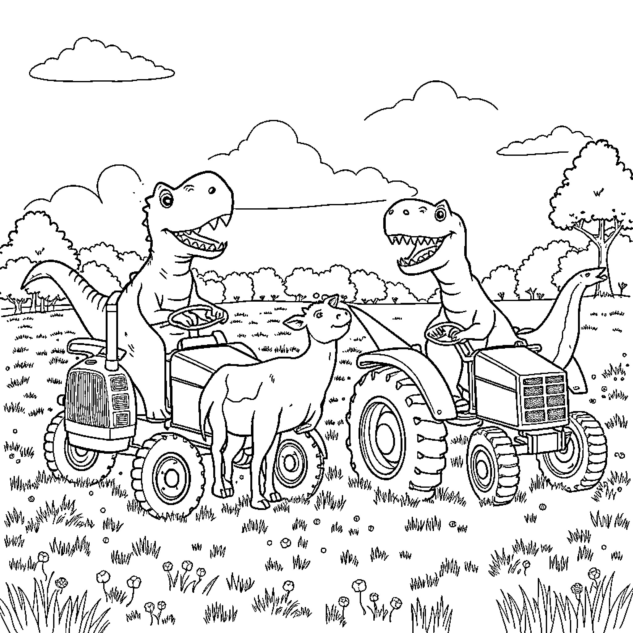Dinosaurs driving tractors and exploring the wilderness Coloring Page (free black-and-white line drawing printable PDF for all, from beginners to advanced learners, including children, teens, adults, and seniors)