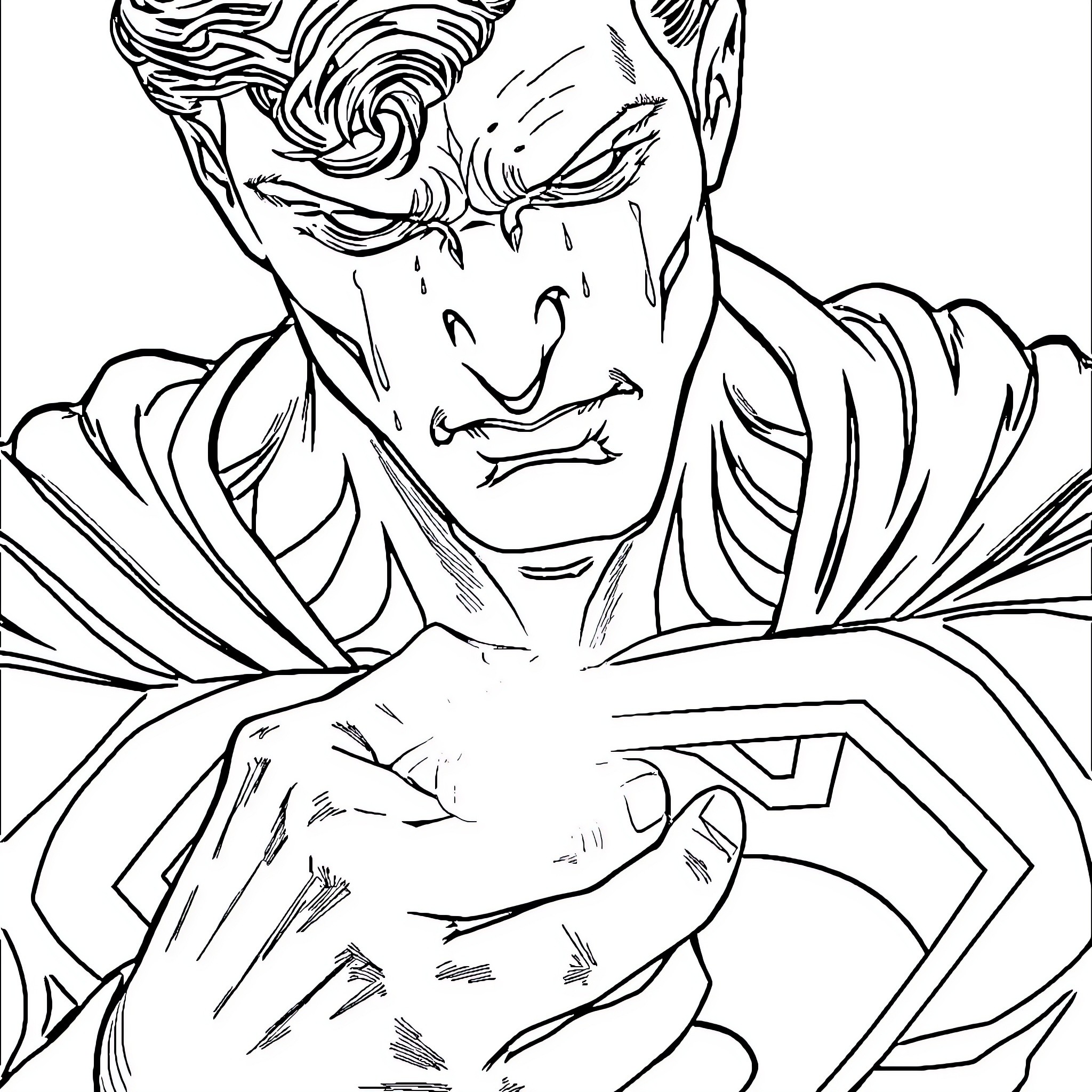 Superman in heroic action pose Coloring Page (free black-and-white line drawing printable PDF for all, from beginners to advanced learners, including children, teens, adults, and seniors)