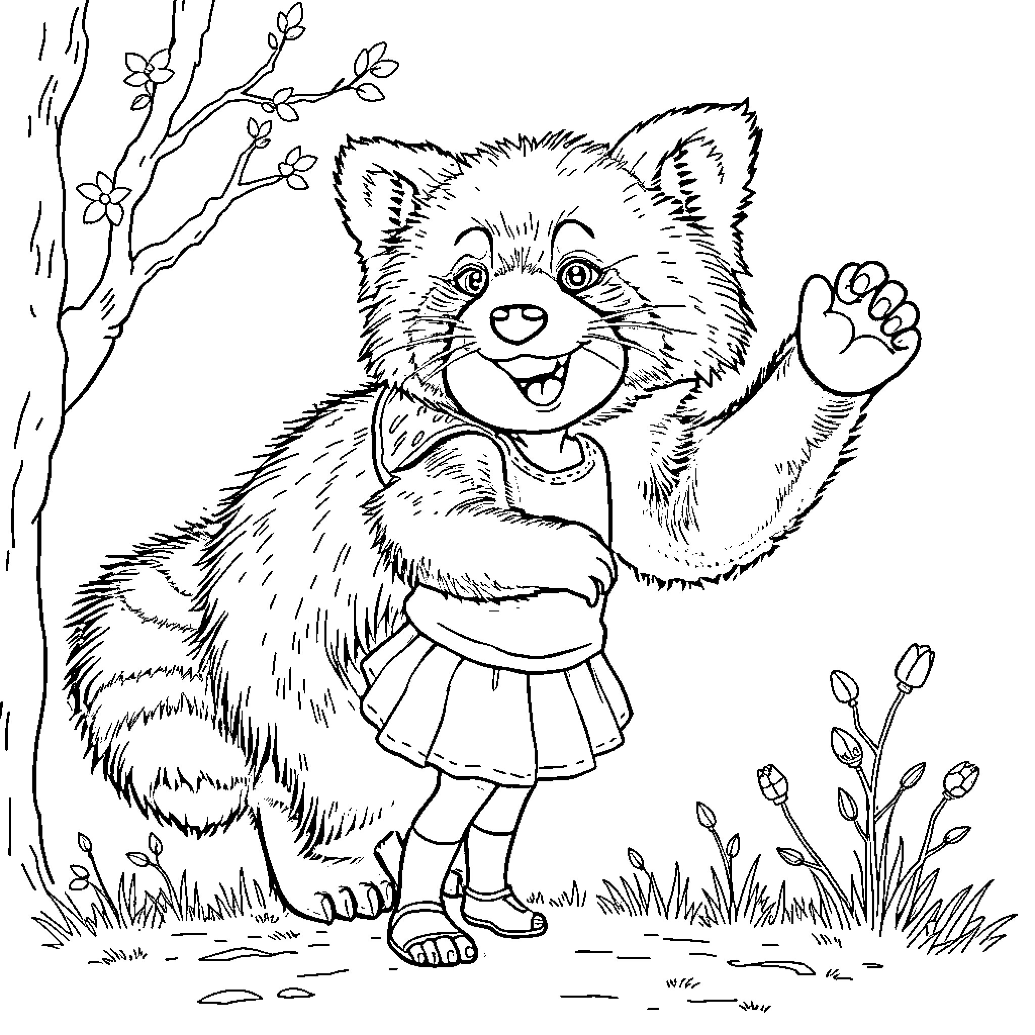 Red Panda in Joyous Spring Outfit Coloring Page (free black-and-white line drawing printable PDF for all, from beginners to advanced learners, including children, teens, adults, and seniors)