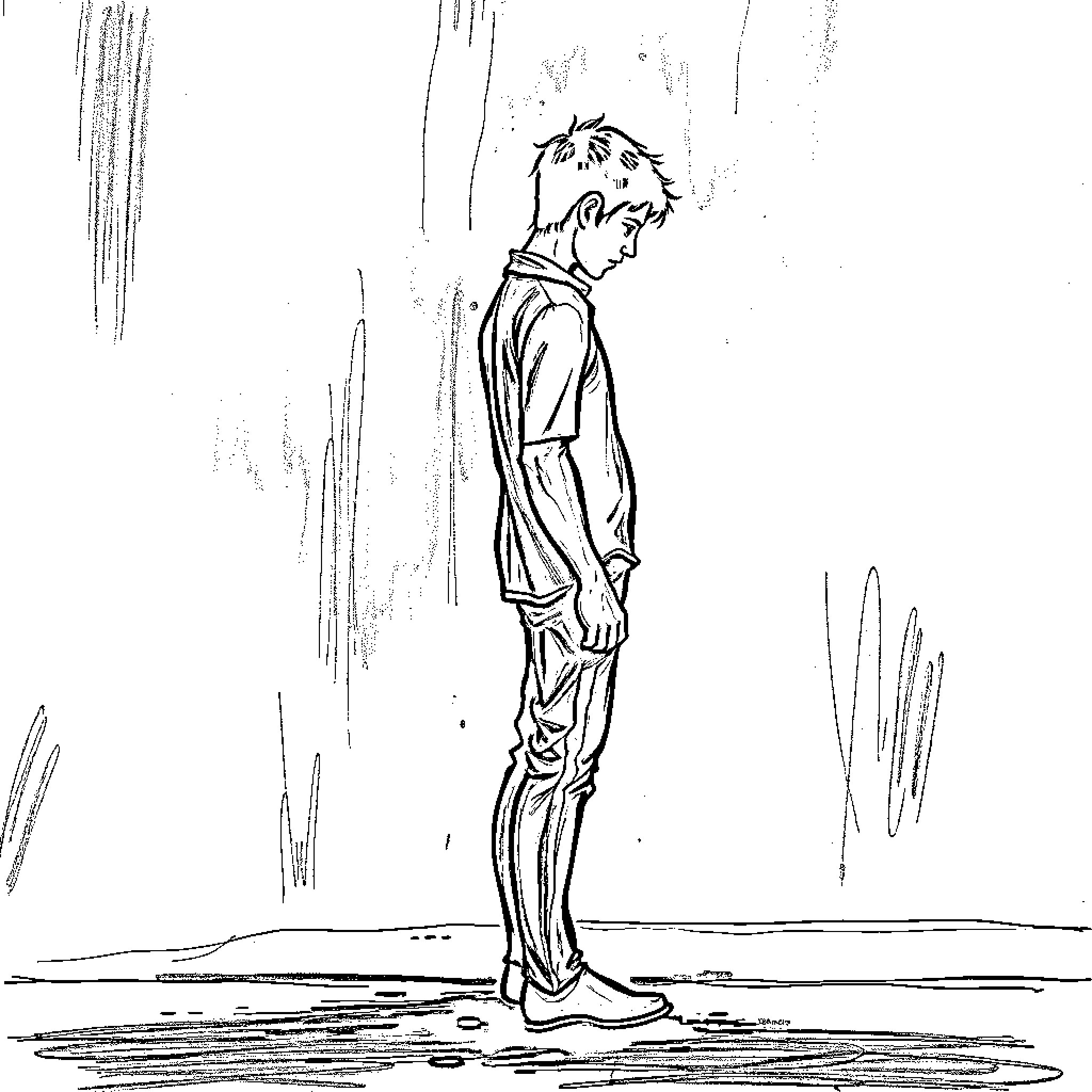 Figure of a person standing alone in the rain Coloring Page (free black-and-white line drawing printable PDF for all, from beginners to advanced learners, including children, teens, adults, and seniors)