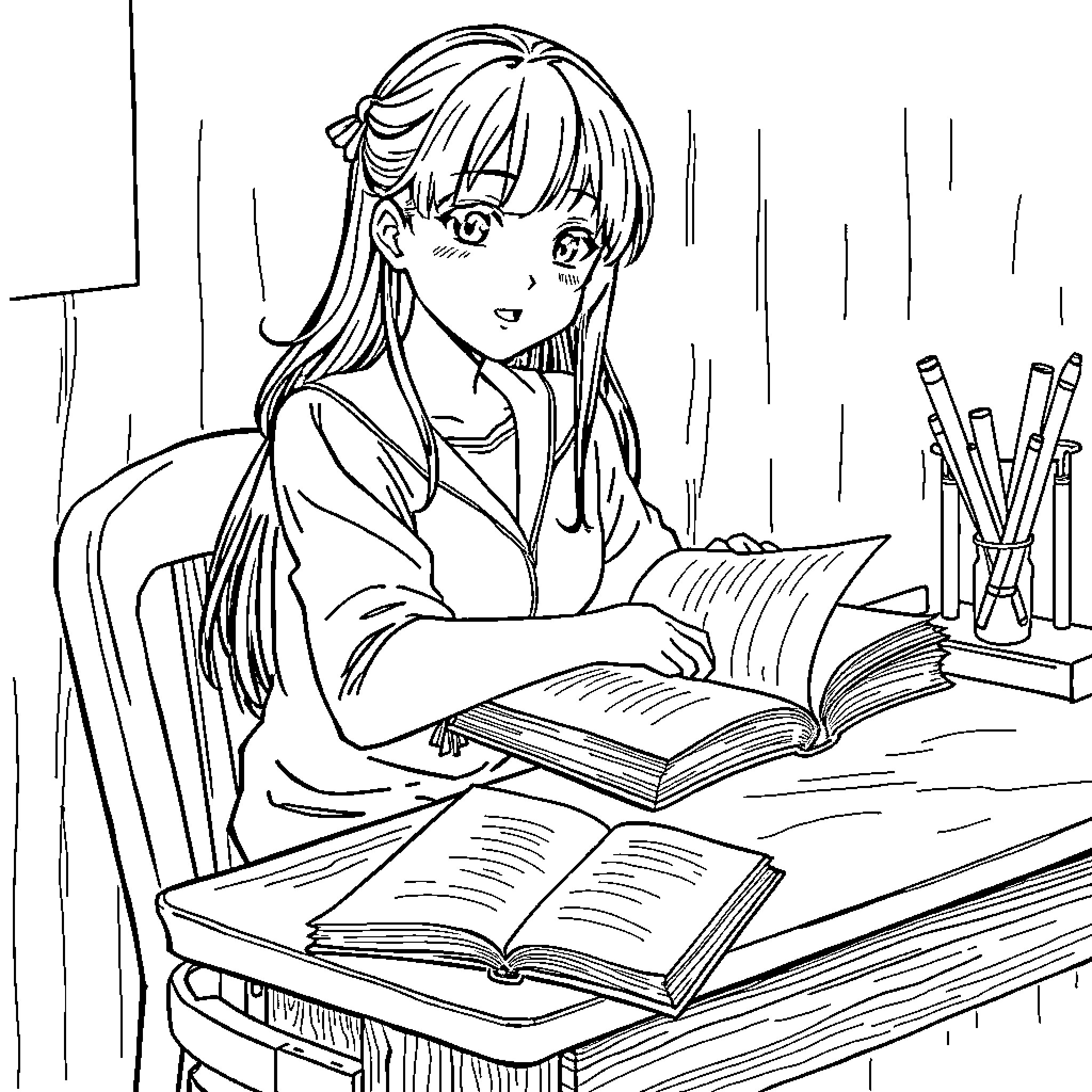 Kanao studying diligently at her desk Coloring Page (free black-and-white line drawing printable PDF for all, from beginners to advanced learners, including children, teens, adults, and seniors)