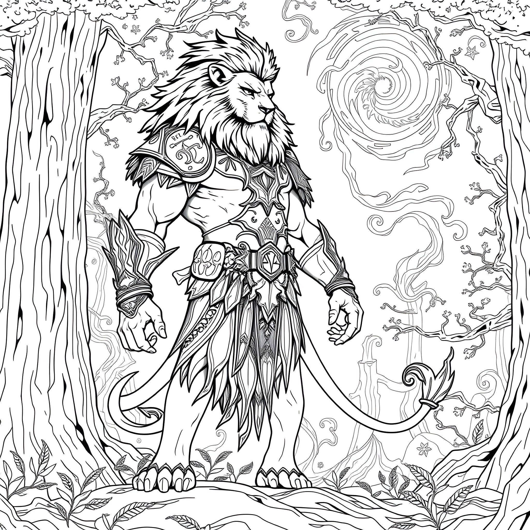 Lion-Man warrior in the enchanted forest Coloring Page (free black-and-white line drawing printable PDF for all, from beginners to advanced learners, including children, teens, adults, and seniors)