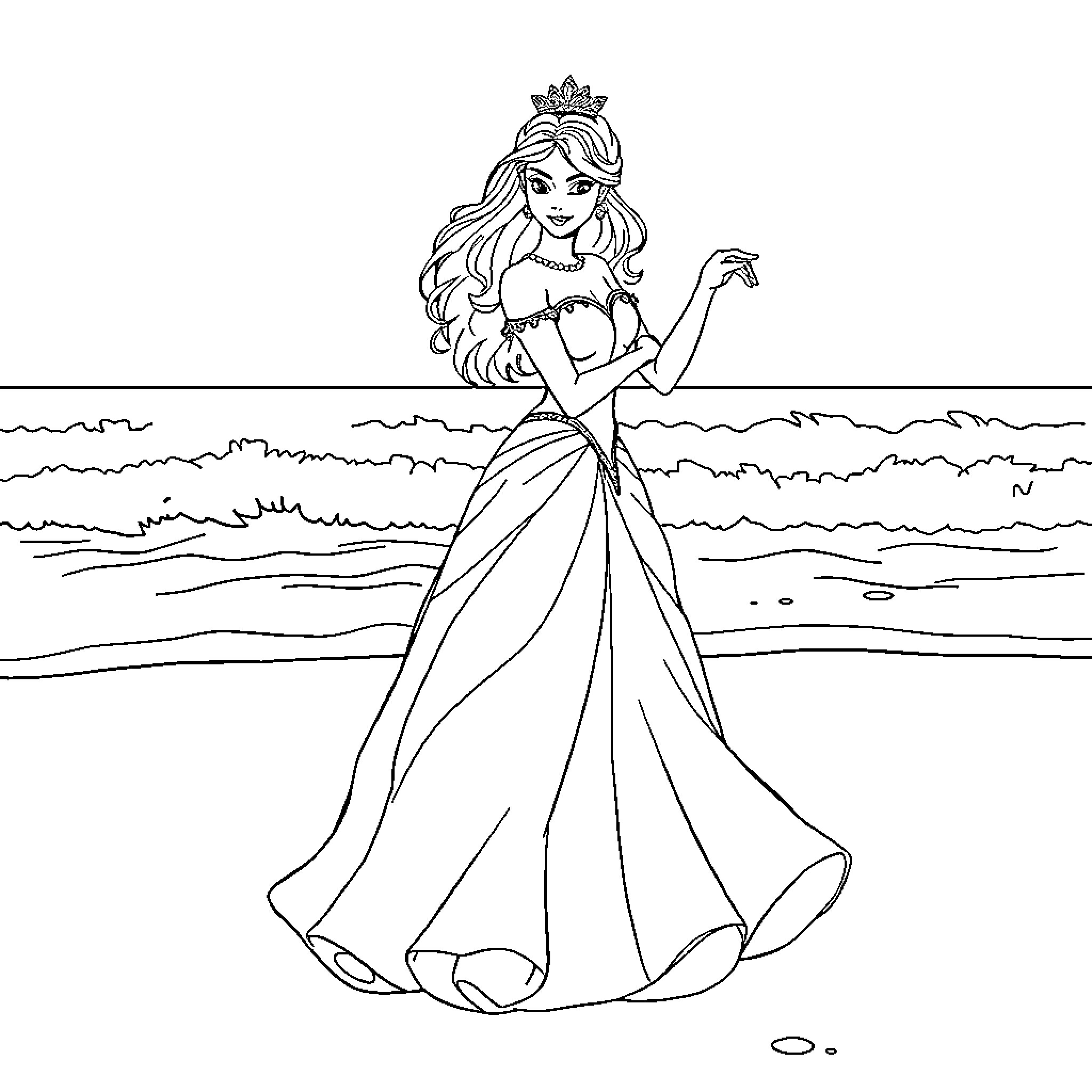 Princess in a Flowing Dress by the Sea Coloring Page (free black-and-white line drawing printable PDF for all, from beginners to advanced learners, including children, teens, adults, and seniors)