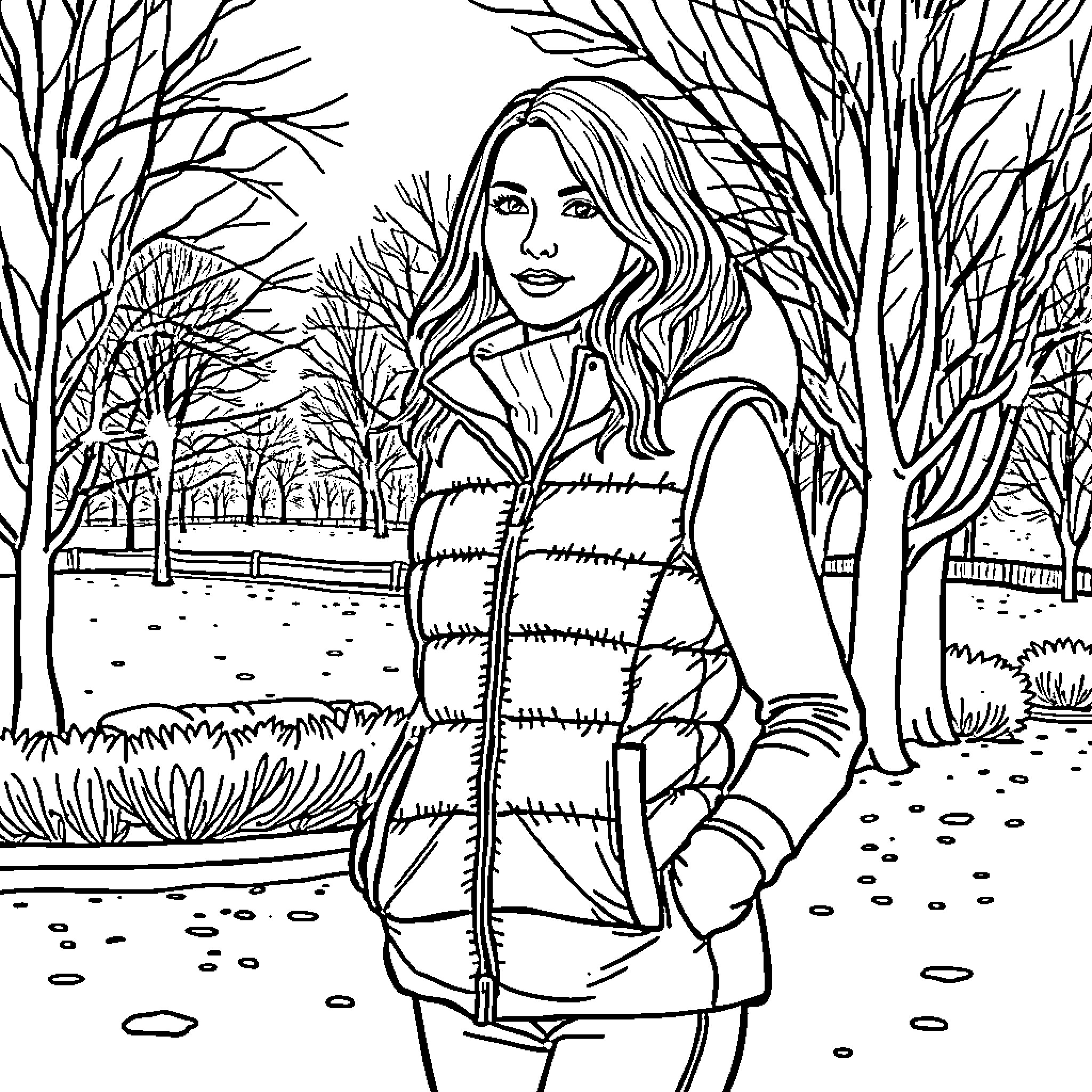 Woman enjoying a winter walk in the park Coloring Page (free black-and-white line drawing printable PDF for all, from beginners to advanced learners, including children, teens, adults, and seniors)
