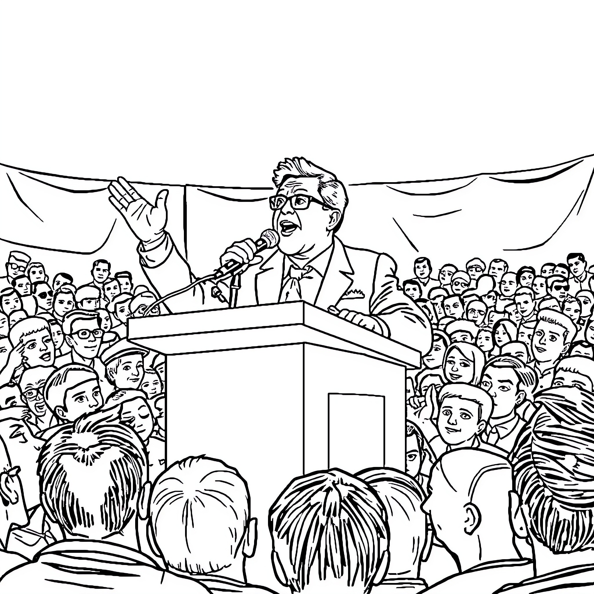Gustavo Petro addressing an enthusiastic crowd at a podium Coloring Page (free black-and-white line drawing printable PDF for all, from beginners to advanced learners, including children, teens, adults, and seniors)