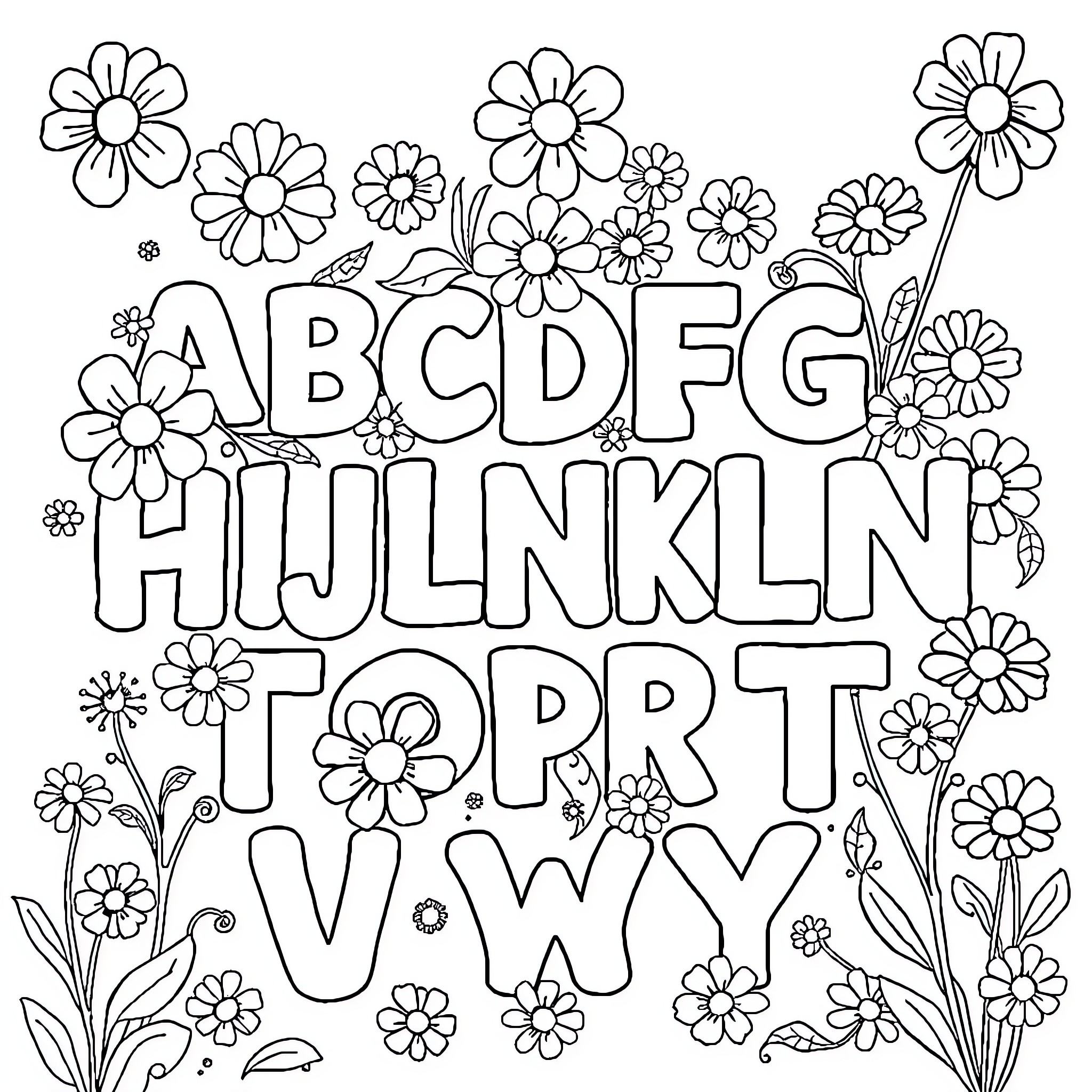 Alphabet surrounded by floral doodles Coloring Page (free black-and-white line drawing printable PDF for all, from beginners to advanced learners, including children, teens, adults, and seniors)