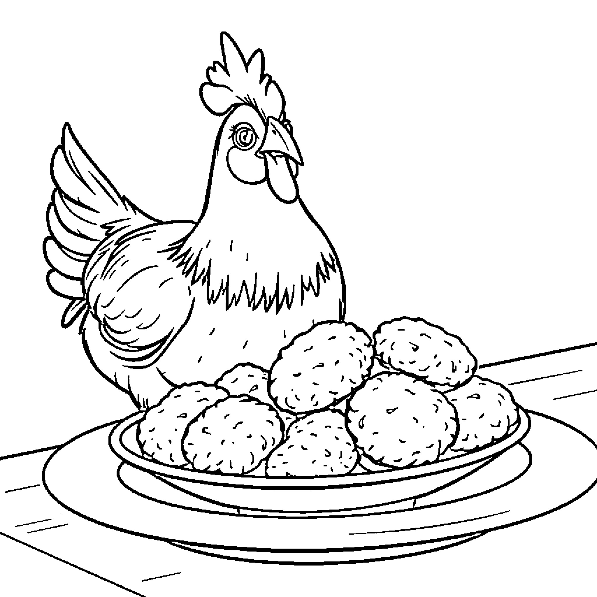 Chicken guarding a plate of tasty treats Coloring Page (free black-and-white line drawing printable PDF for all, from beginners to advanced learners, including children, teens, adults, and seniors)