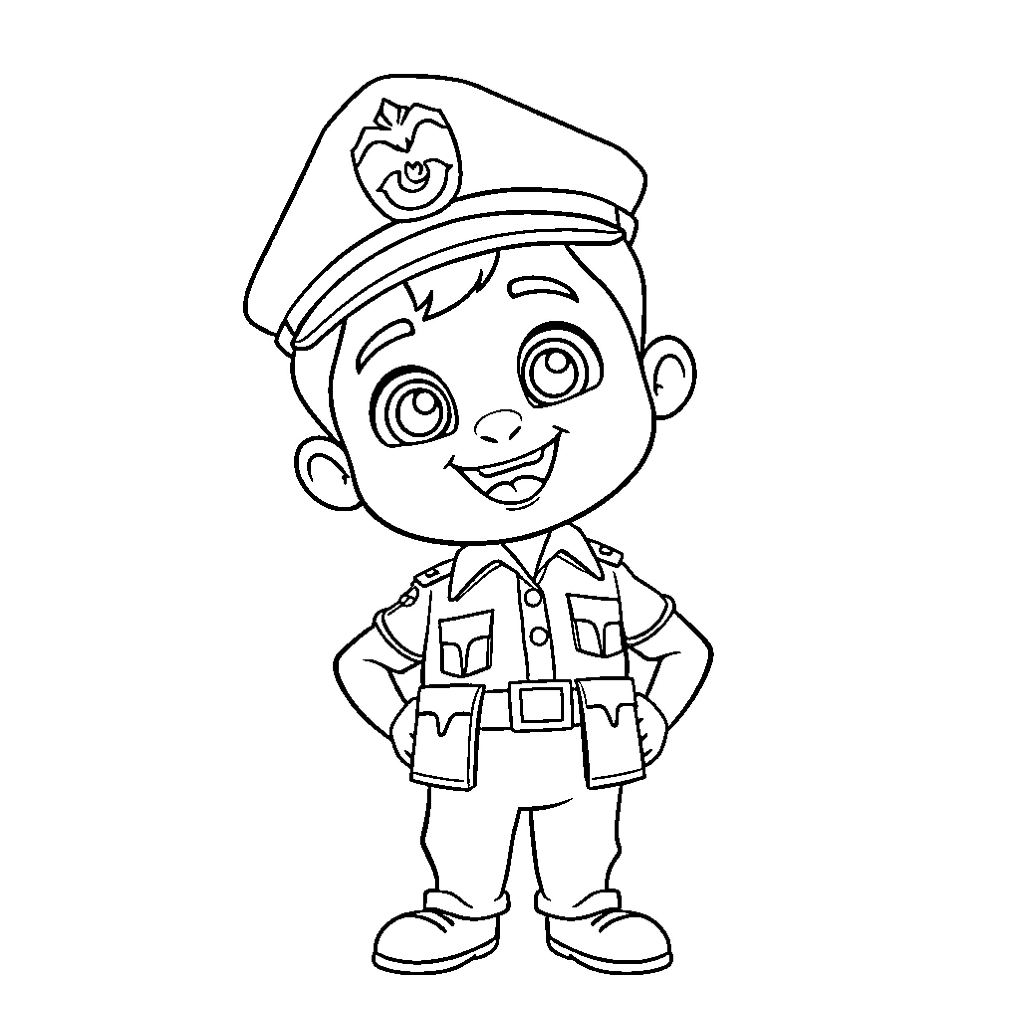 Singham Policeman in Uniform Posing Happily Coloring Page (free black-and-white line drawing printable PDF for all, from beginners to advanced learners, including children, teens, adults, and seniors)
