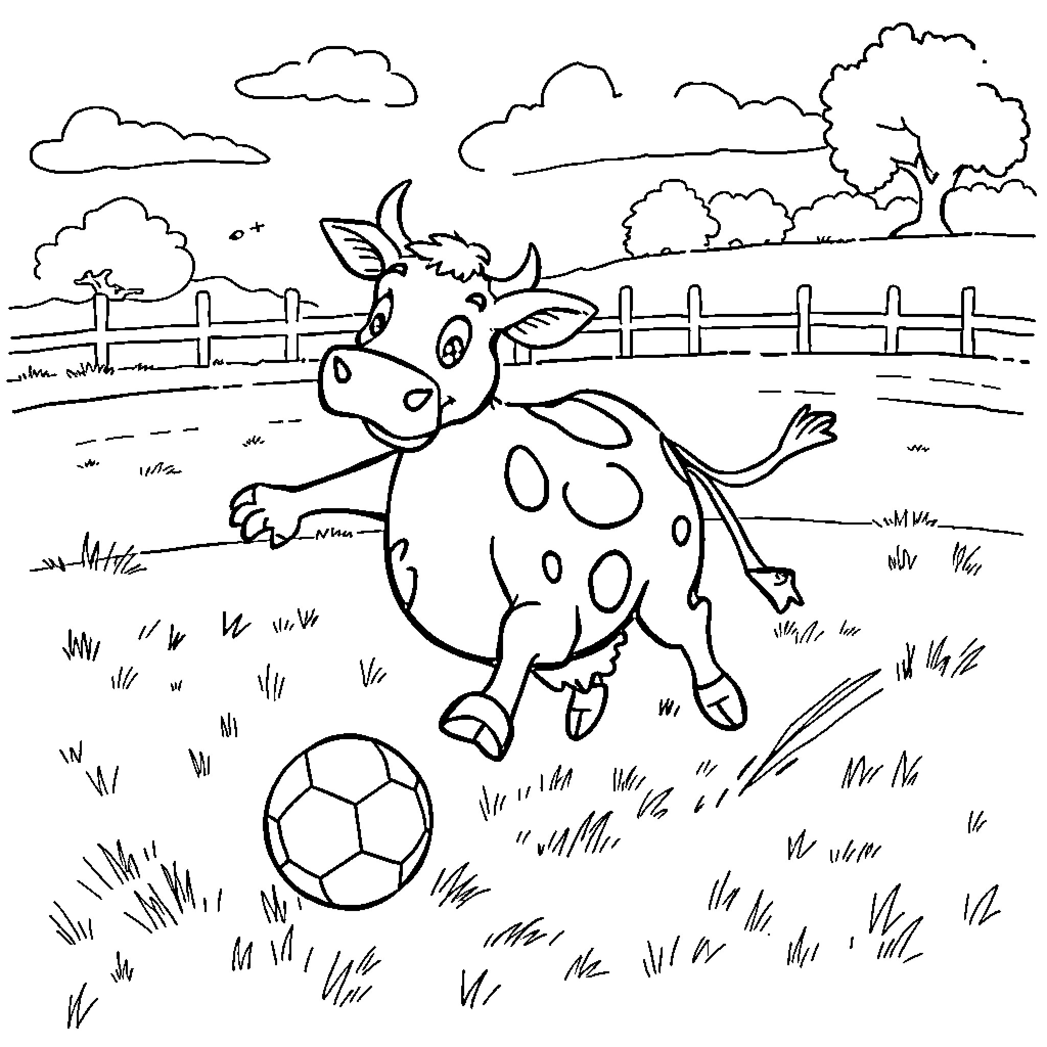 Cow playing with soccer ball in the countryside Coloring Page (free black-and-white line drawing printable PDF for all, from beginners to advanced learners, including children, teens, adults, and seniors)