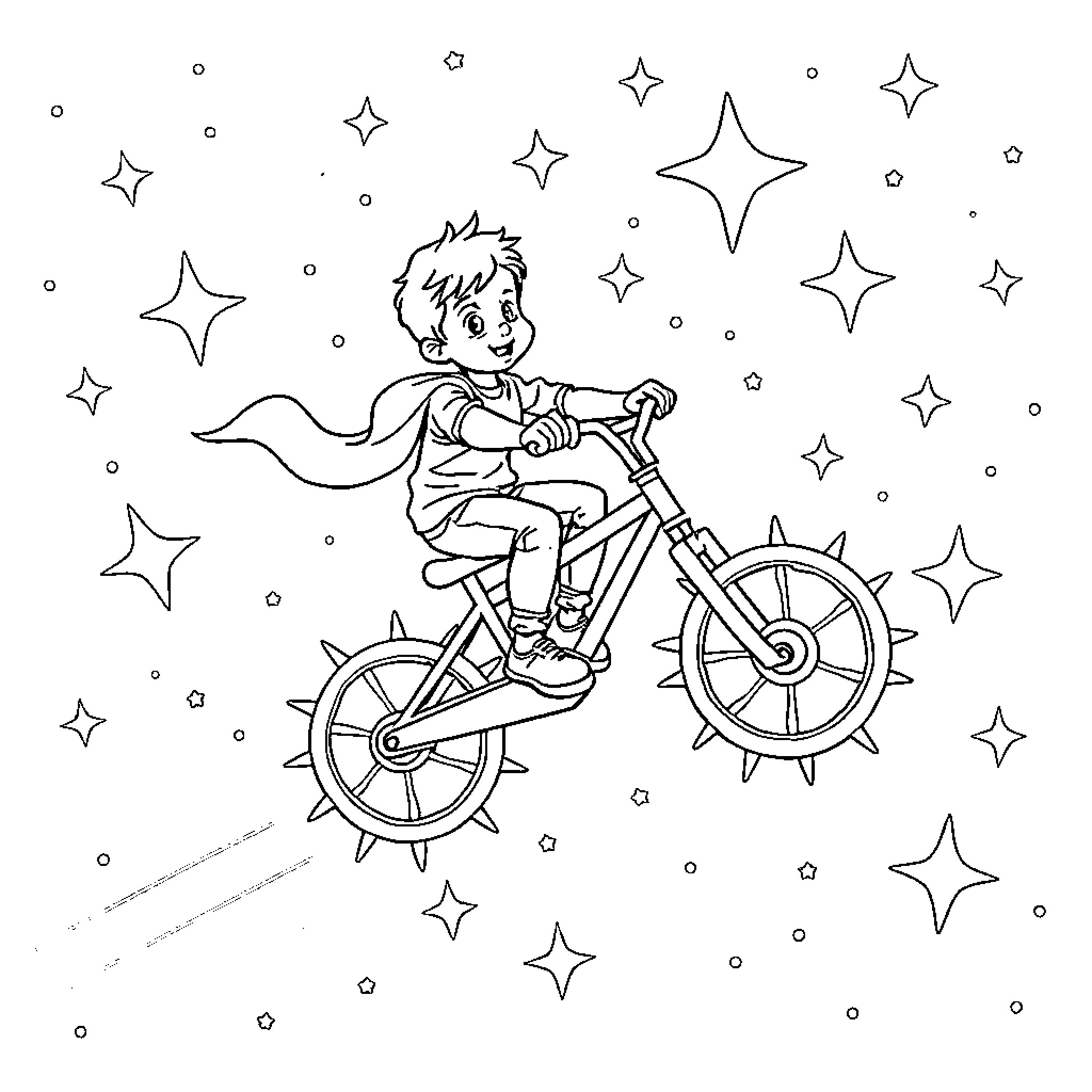 Boy riding a bicycle in the starry night Coloring Page (free black-and-white line drawing printable PDF for all, from beginners to advanced learners, including children, teens, adults, and seniors)