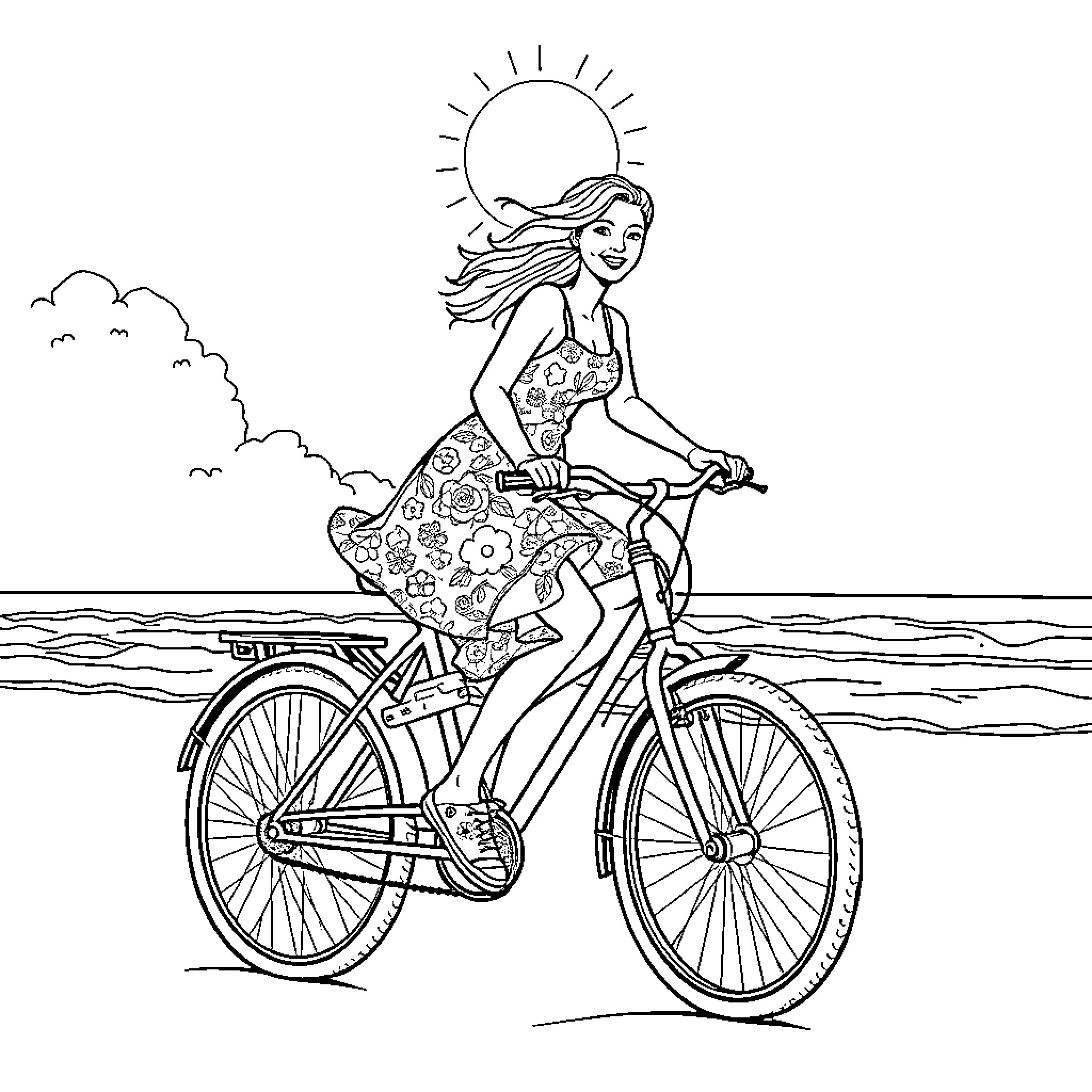 Woman riding bicycle by the beach Coloring Page (free black-and-white line drawing printable PDF for all, from beginners to advanced learners, including children, teens, adults, and seniors)