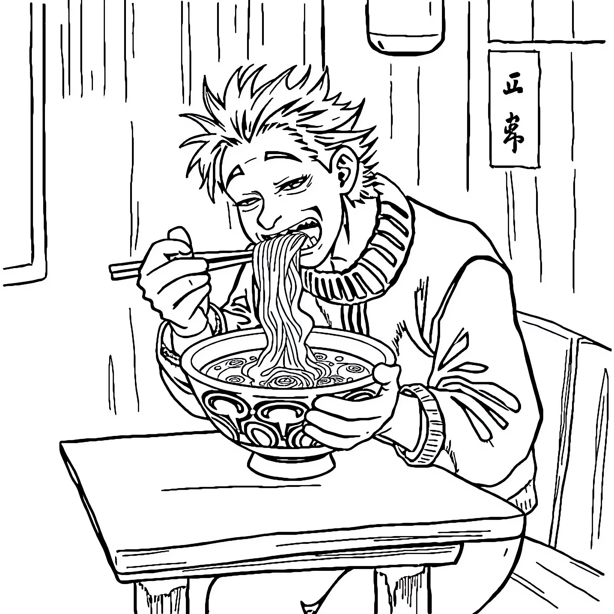 Tanjiro enjoying a warm meal in a traditional setting Coloring Page (free black-and-white line drawing printable PDF for all, from beginners to advanced learners, including children, teens, adults, and seniors)