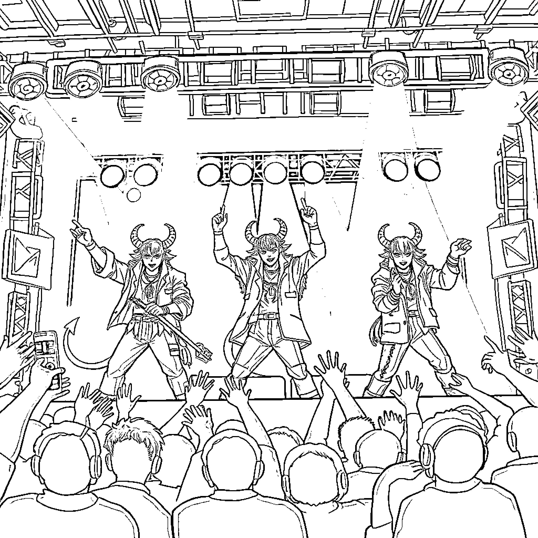 Demon Hunters performing on stage with crowd Coloring Page (free black-and-white line drawing printable PDF for all, from beginners to advanced learners, including children, teens, adults, and seniors)