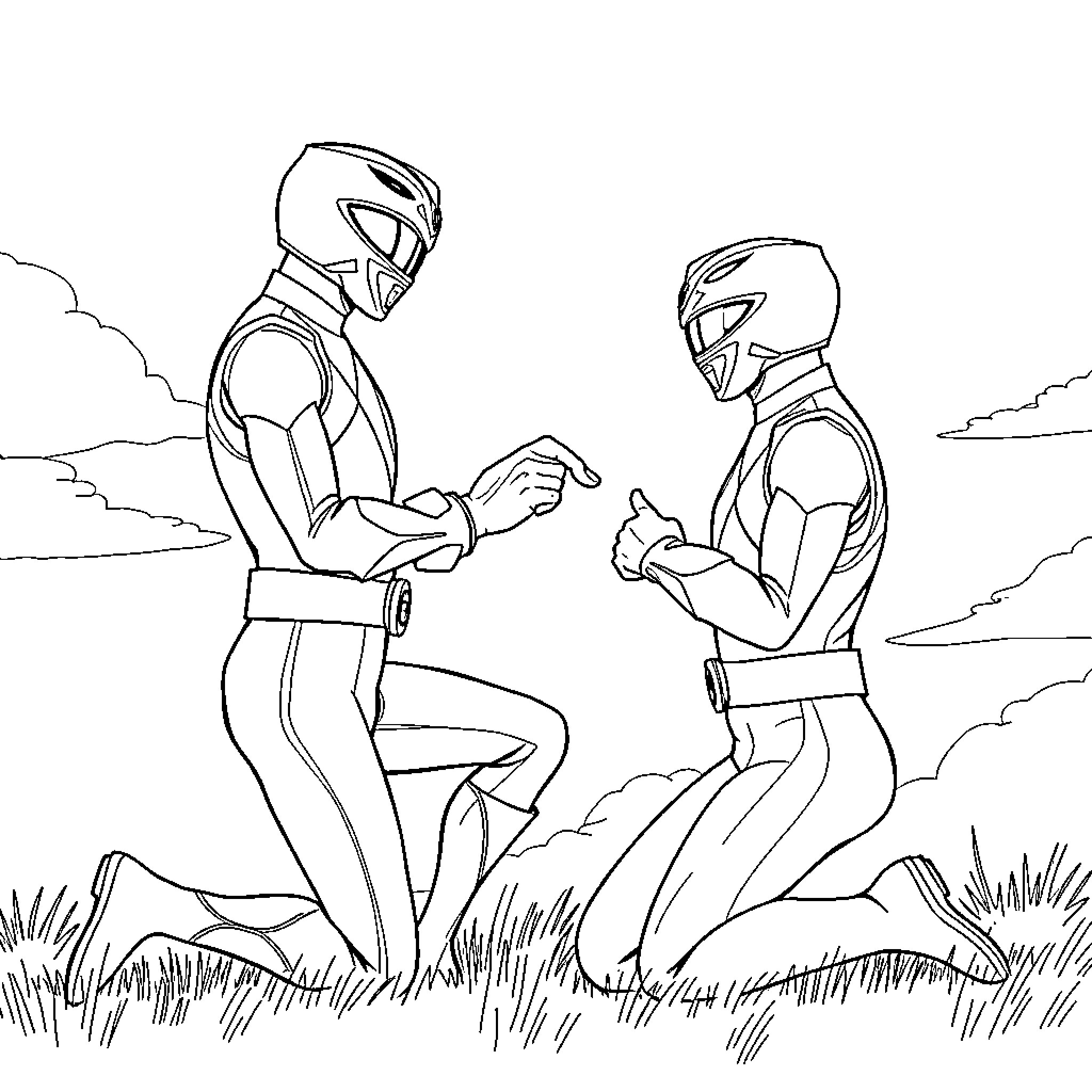 Power Rangers Engage in Heroic Maneuver Coloring Page (free black-and-white line drawing printable PDF for all, from beginners to advanced learners, including children, teens, adults, and seniors)