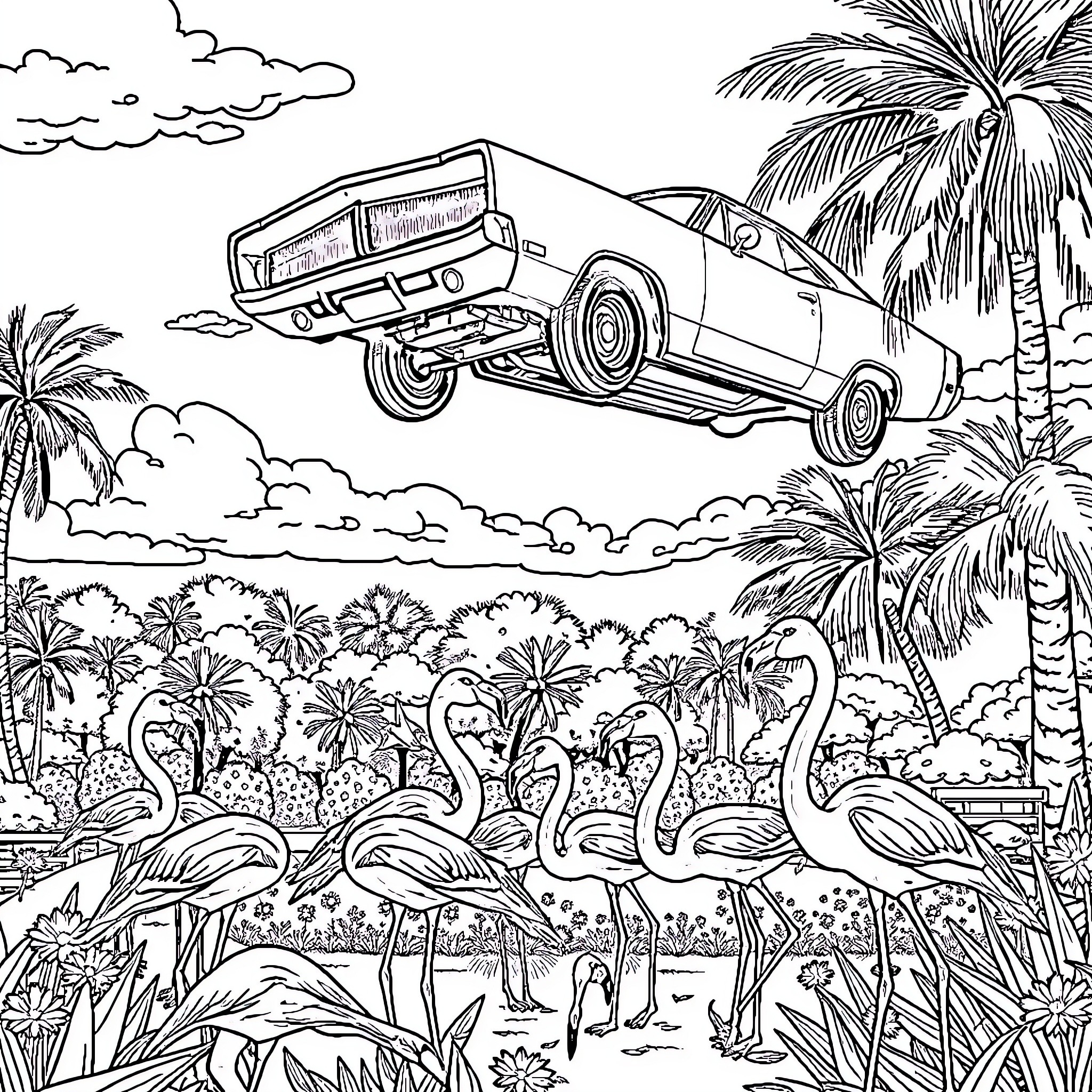 Dodge Charger jumping over tropical landscape Coloring Page (free black-and-white line drawing printable PDF for all, from beginners to advanced learners, including children, teens, adults, and seniors)