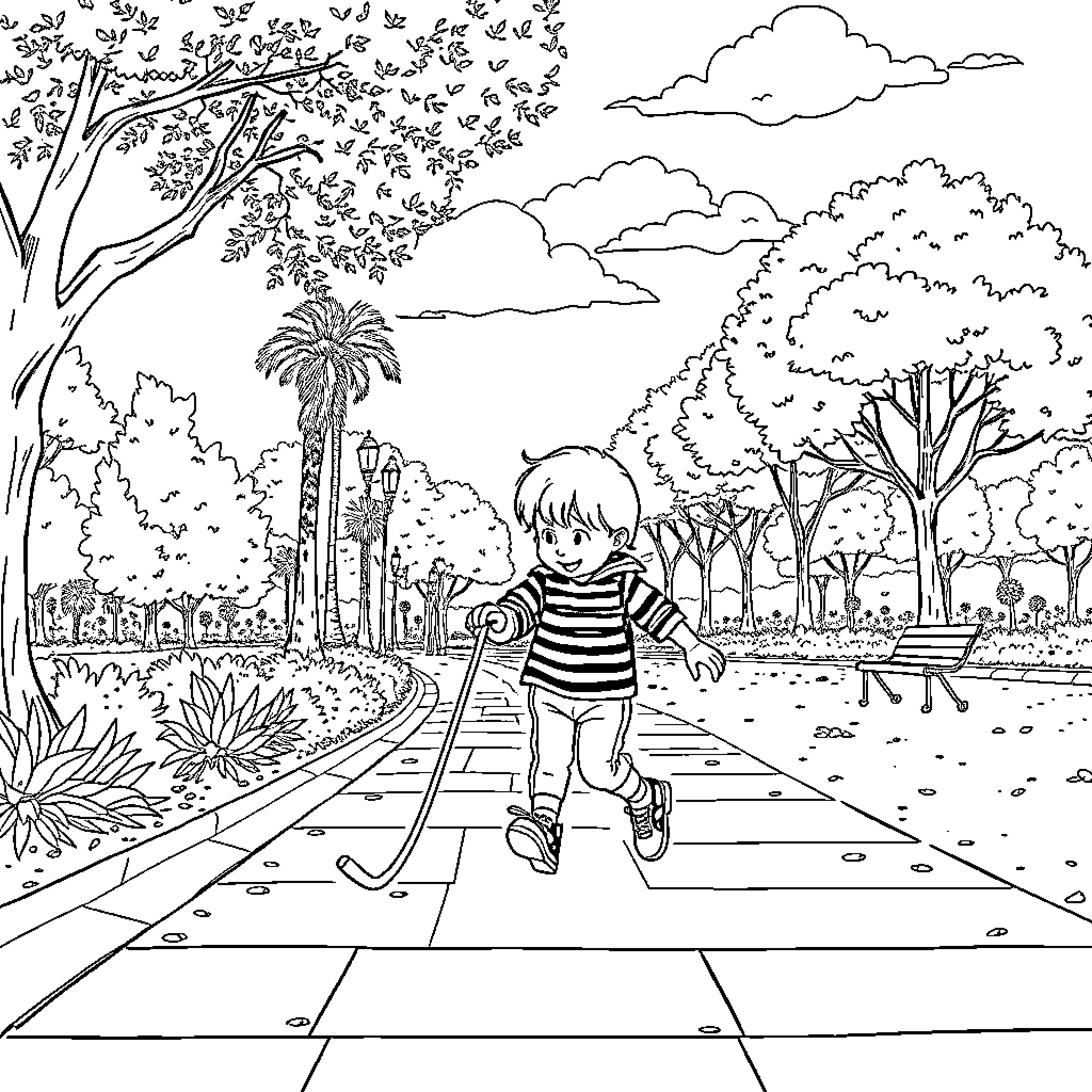 Boy walking on path through park landscape Coloring Page (free black-and-white line drawing printable PDF for all, from beginners to advanced learners, including children, teens, adults, and seniors)