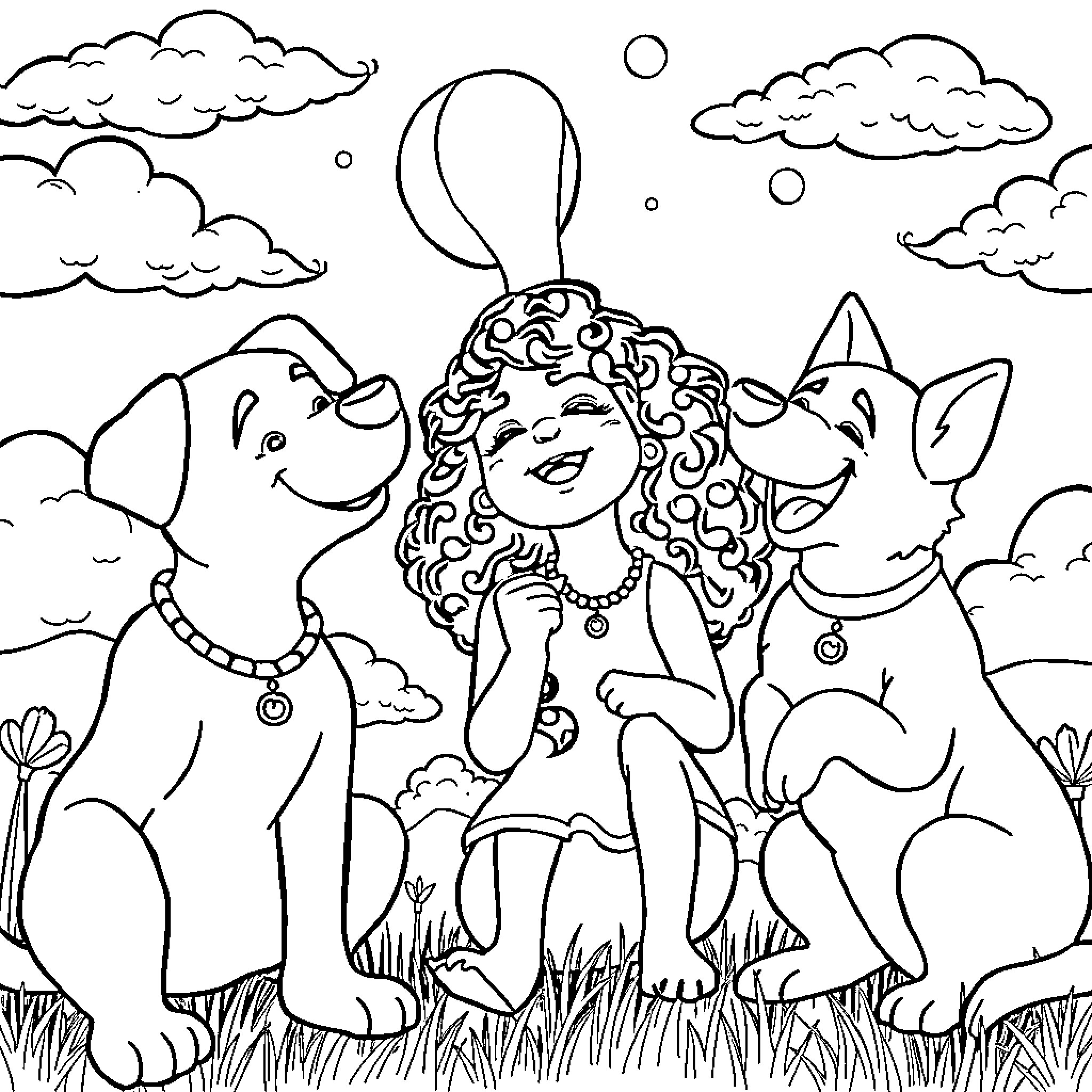 Rumi playing happily with her animal friends Coloring Page (free black-and-white line drawing printable PDF for all, from beginners to advanced learners, including children, teens, adults, and seniors)