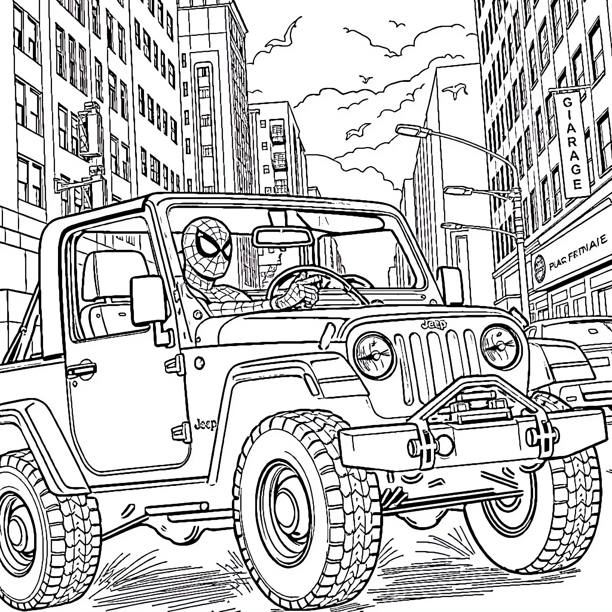 Spiderman rides a modified off-road vehicle through the city Coloring Page (free black-and-white line drawing printable PDF for all, from beginners to advanced learners, including children, teens, adults, and seniors)