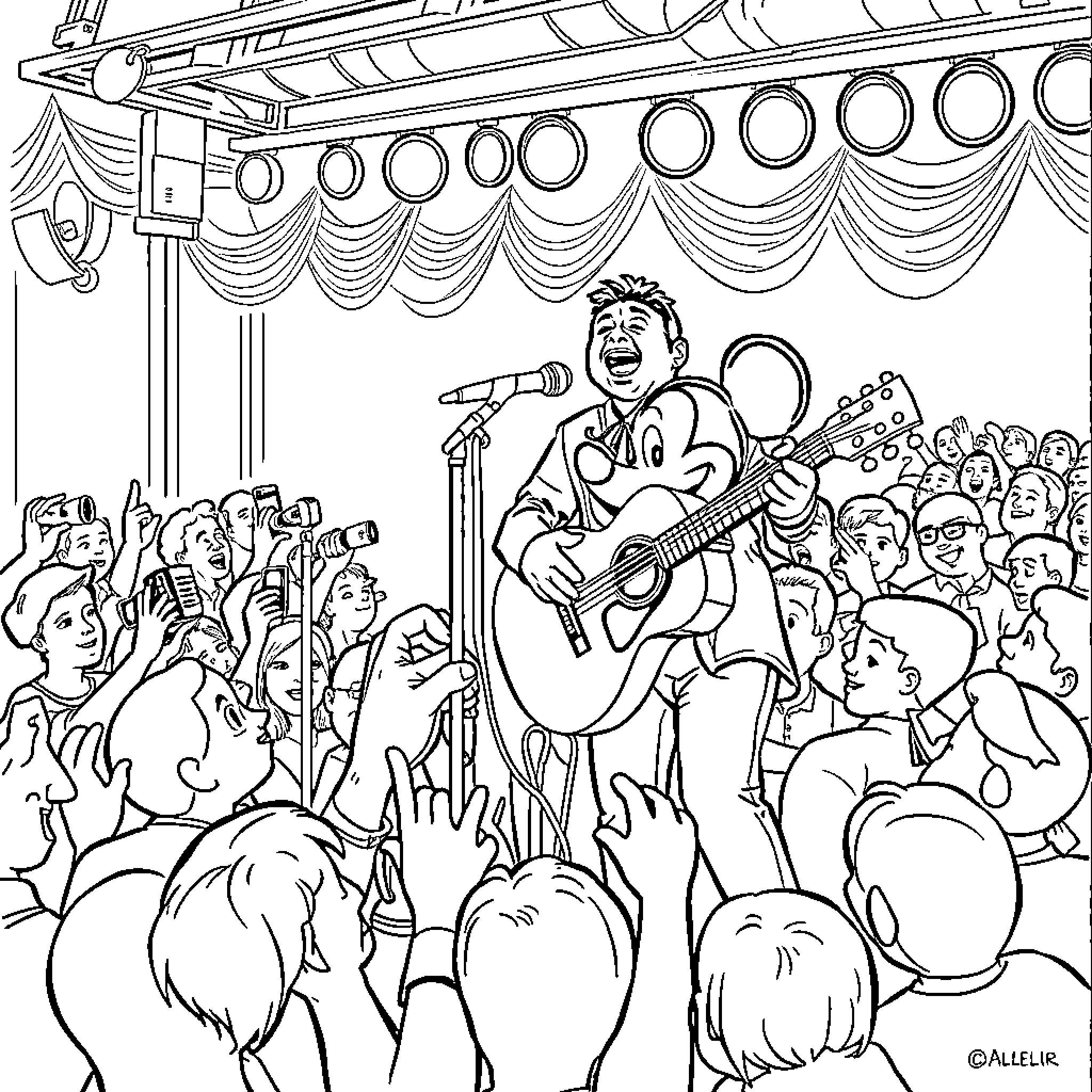 Chalino Sánchez Performing on Stage with Adoring Audience Coloring Page (free black-and-white line drawing printable PDF for all, from beginners to advanced learners, including children, teens, adults, and seniors)