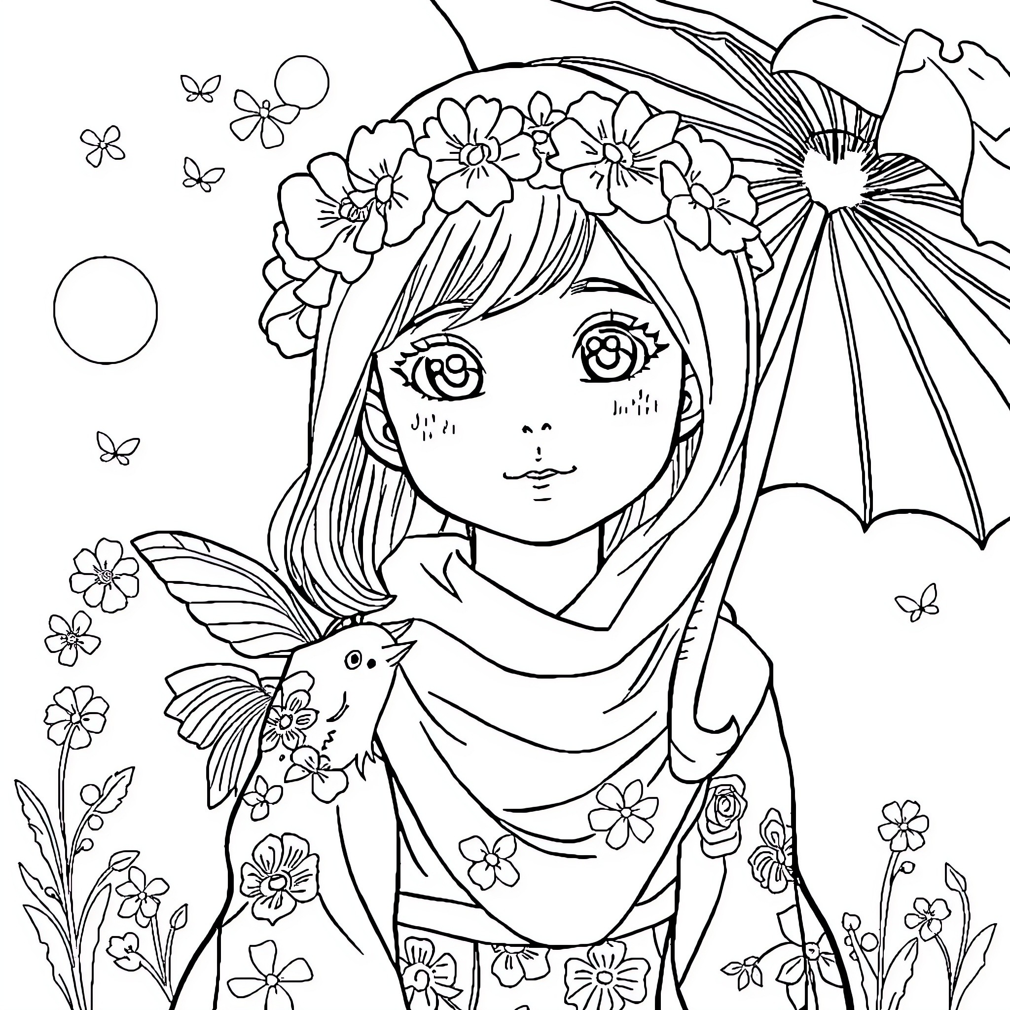 Girl with Floral Headpiece and Pet Rabbit Coloring Page (free black-and-white line drawing printable PDF for all, from beginners to advanced learners, including children, teens, adults, and seniors)