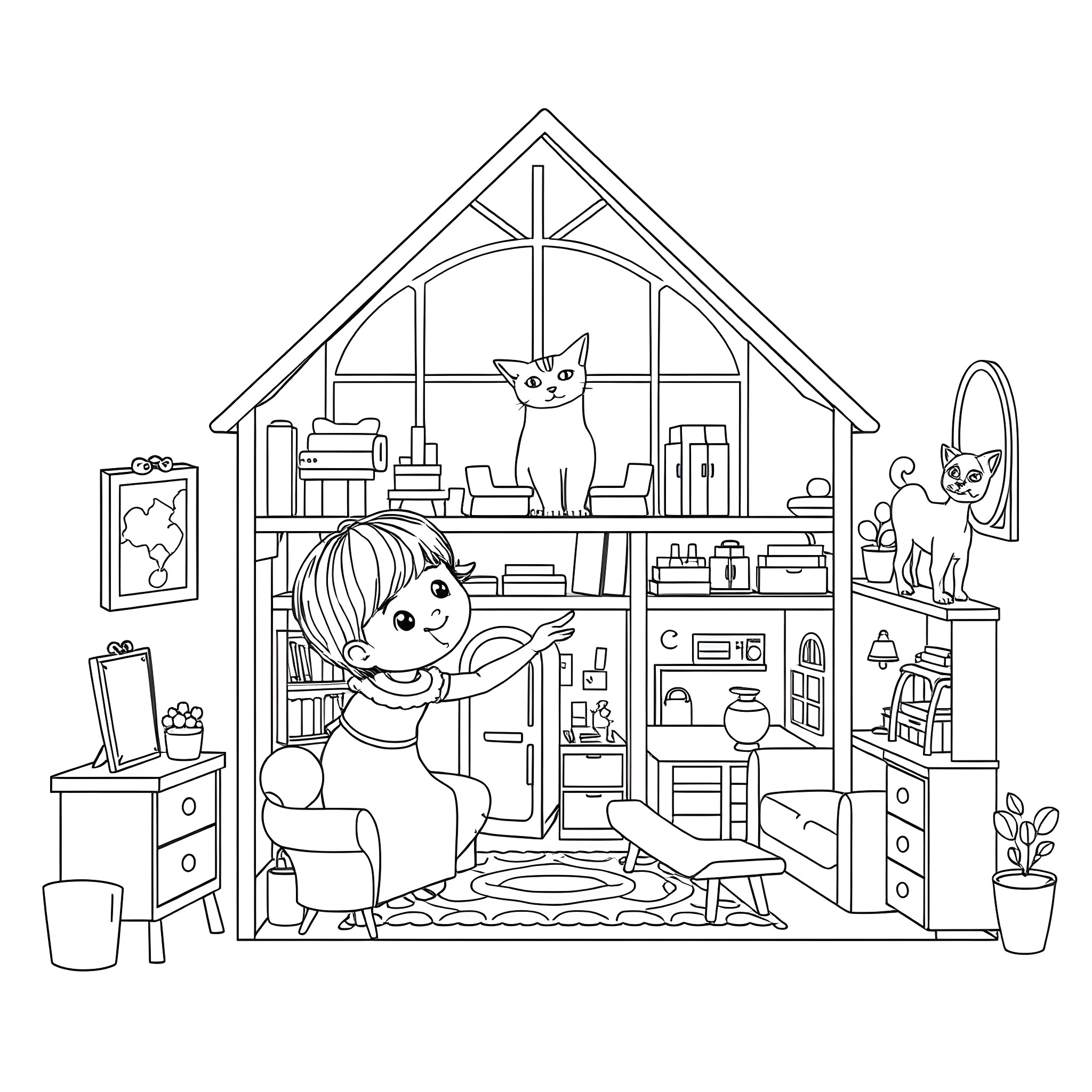 Gabby's Cozy Home with Playful Pets Coloring Page (free black-and-white line drawing printable PDF for all, from beginners to advanced learners, including children, teens, adults, and seniors)