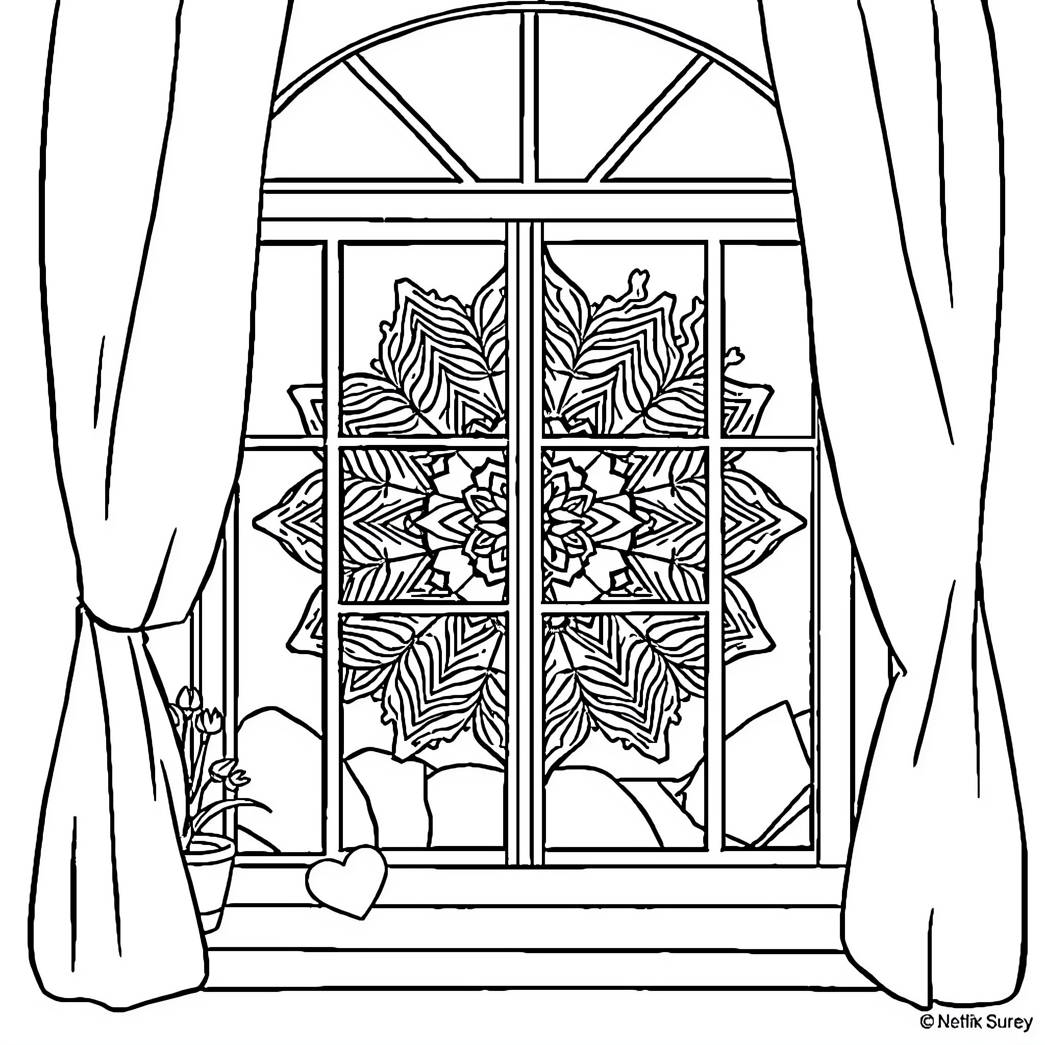Mandala Artwork Displayed in Window Coloring Page (free black-and-white line drawing printable PDF for all, from beginners to advanced learners, including children, teens, adults, and seniors)