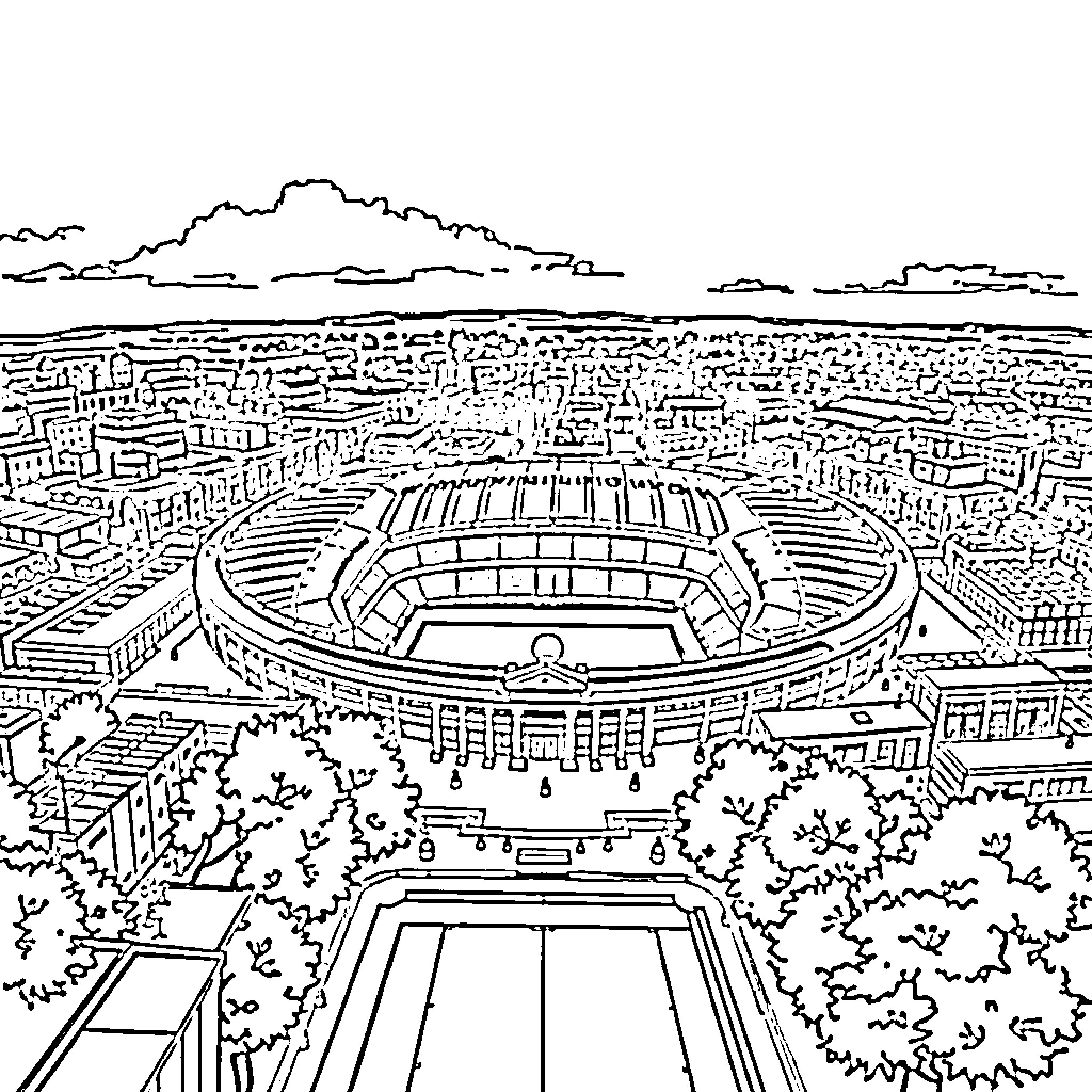 Stadium filled with sports fans in outdoor arena Coloring Page (free black-and-white line drawing printable PDF for all, from beginners to advanced learners, including children, teens, adults, and seniors)