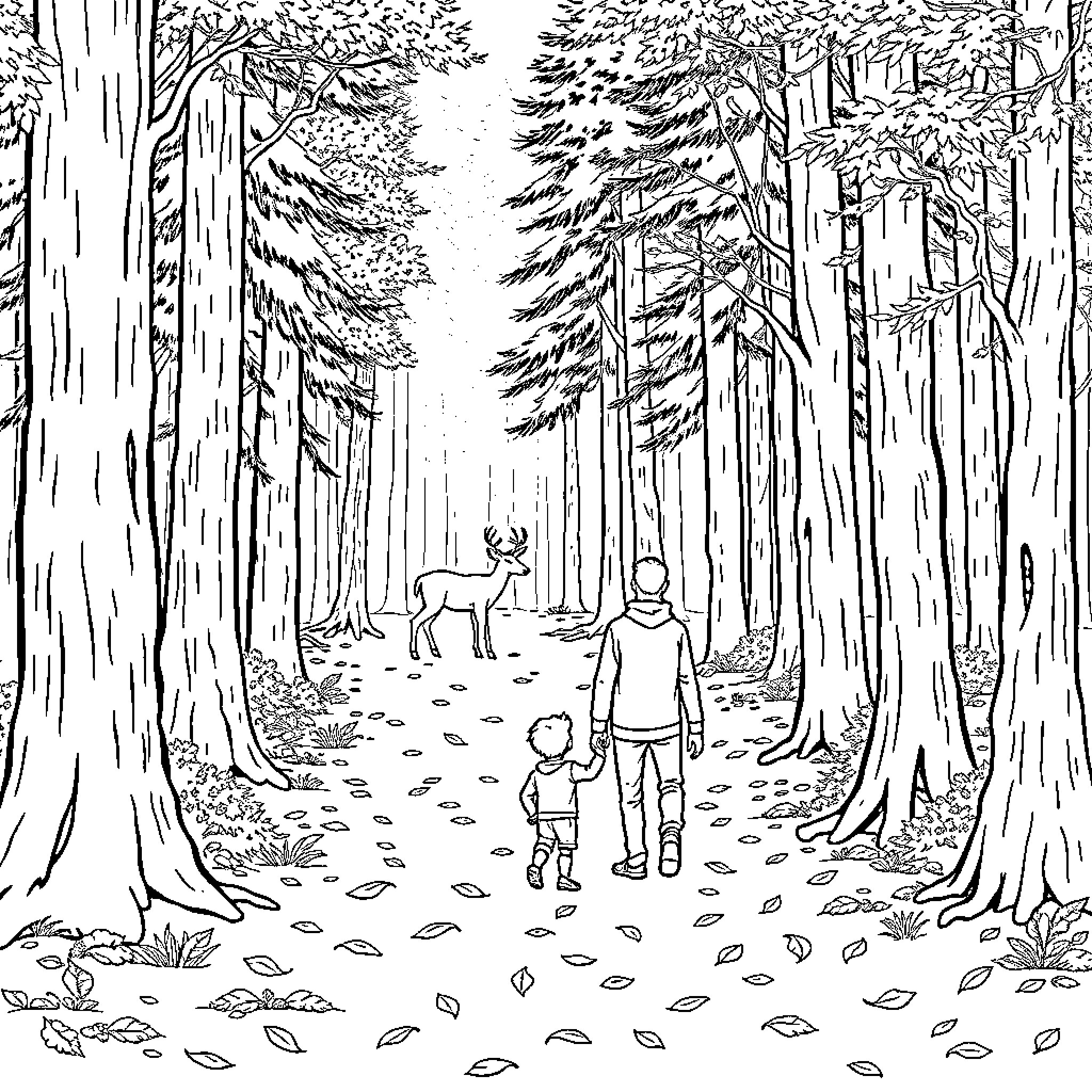 Father and child walking through the forest Coloring Page (free black-and-white line drawing printable PDF for all, from beginners to advanced learners, including children, teens, adults, and seniors)