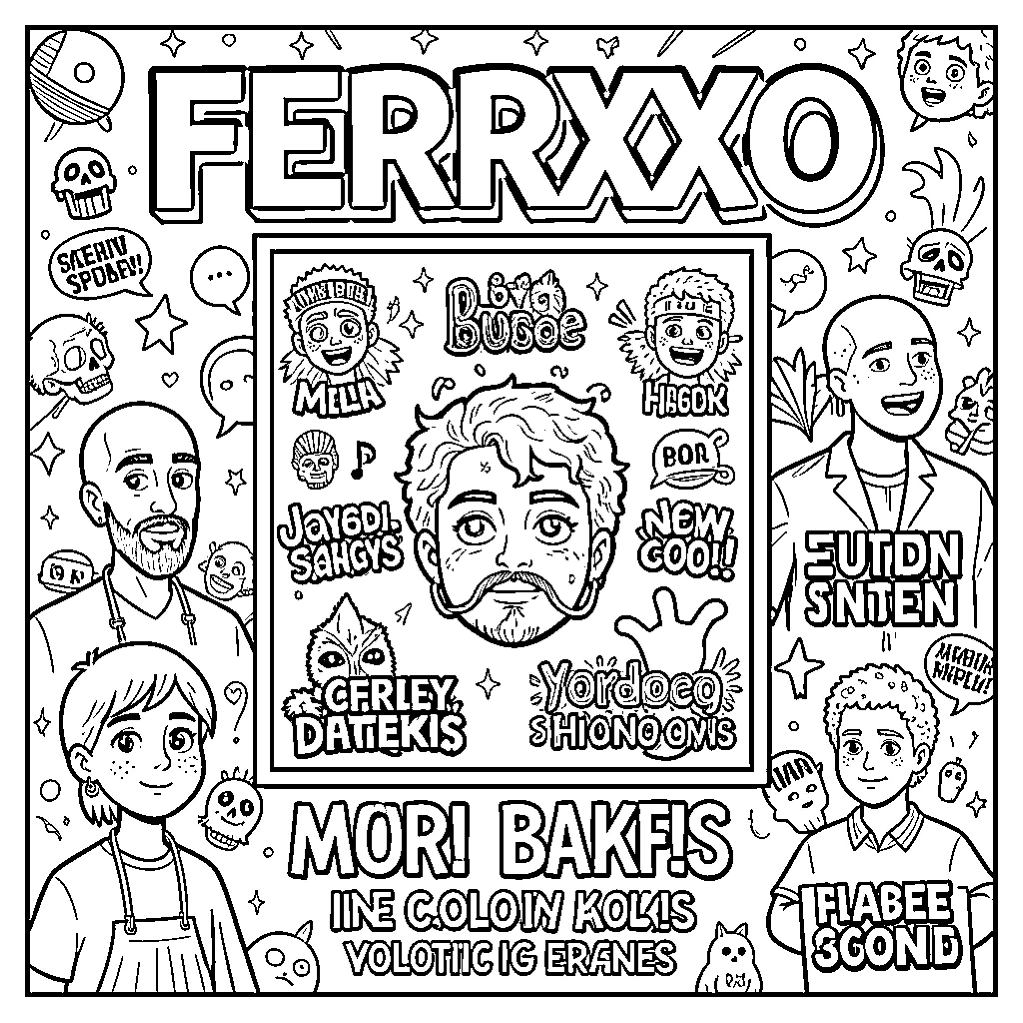 Ferxxo featuring various expressive character faces and doodle elements Coloring Page (free black-and-white line drawing printable PDF for all, from beginners to advanced learners, including children, teens, adults, and seniors)