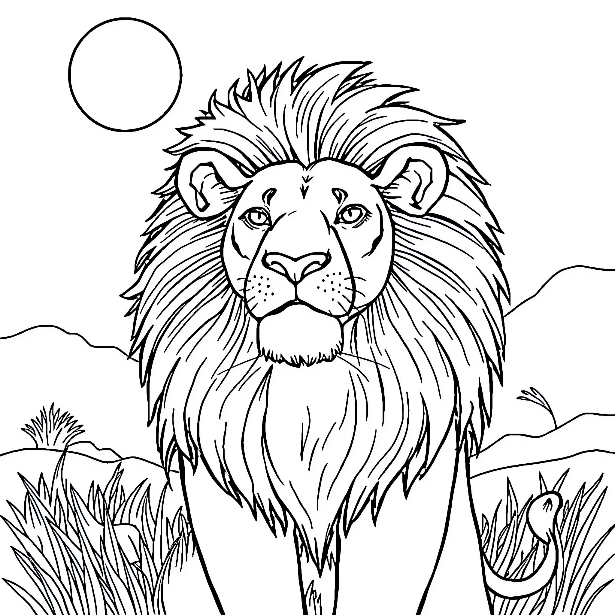 Lion standing majestically in the wild Coloring Page (free black-and-white line drawing printable PDF for all, from beginners to advanced learners, including children, teens, adults, and seniors)