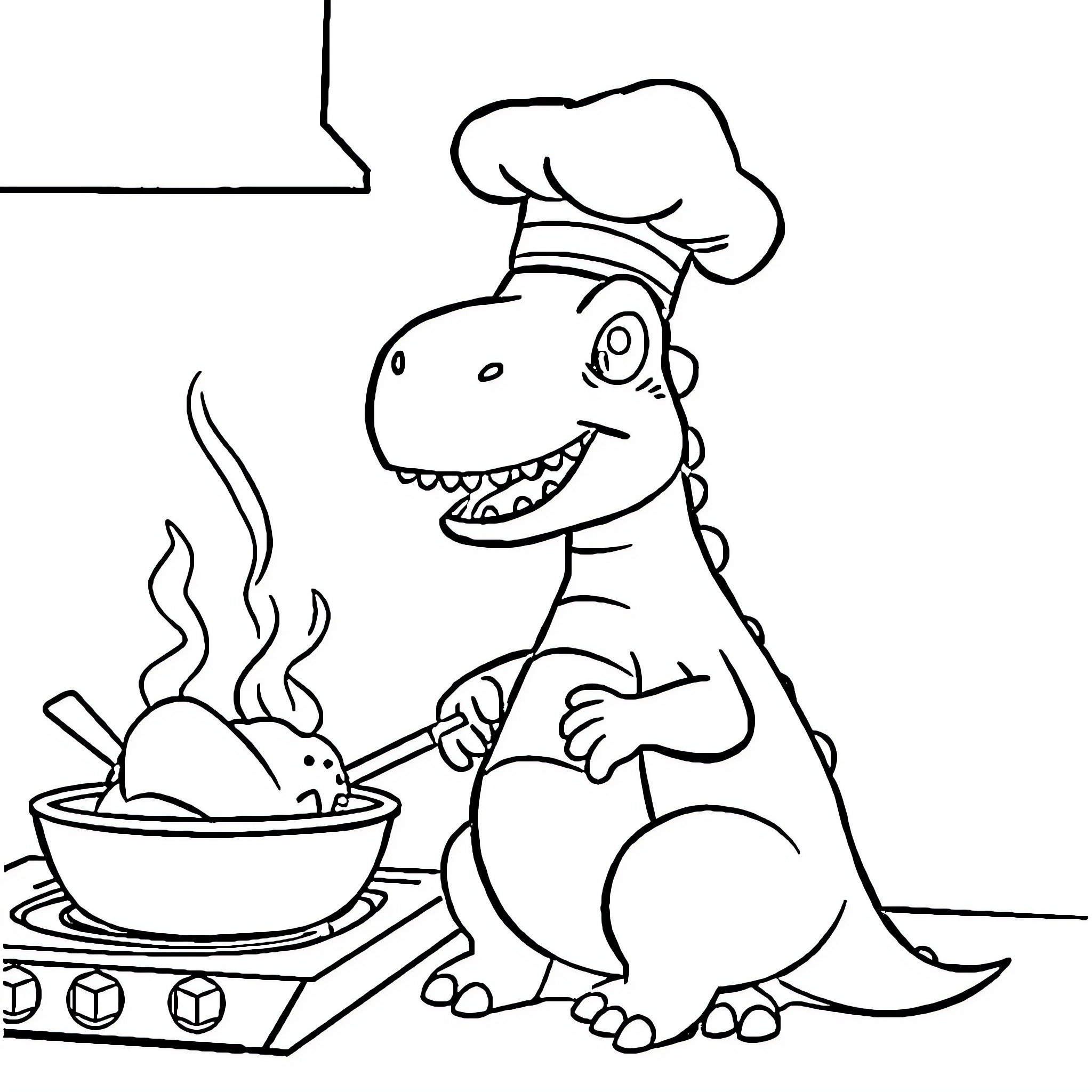 Dinosaur chef cooking delicious meal in the kitchen Coloring Page (free black-and-white line drawing printable PDF for all, from beginners to advanced learners, including children, teens, adults, and seniors)