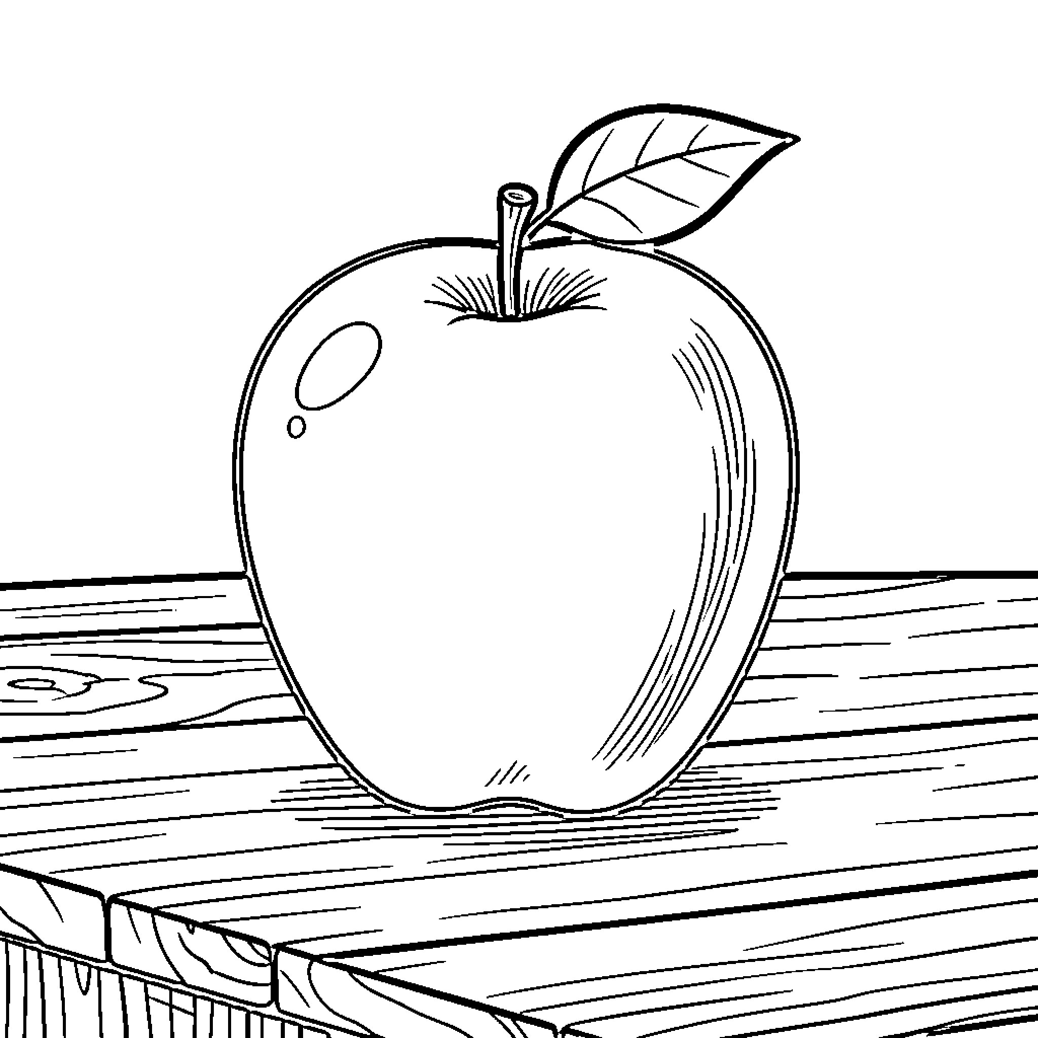 Apple resting on a wooden table surface Coloring Page (free black-and-white line drawing printable PDF for all, from beginners to advanced learners, including children, teens, adults, and seniors)
