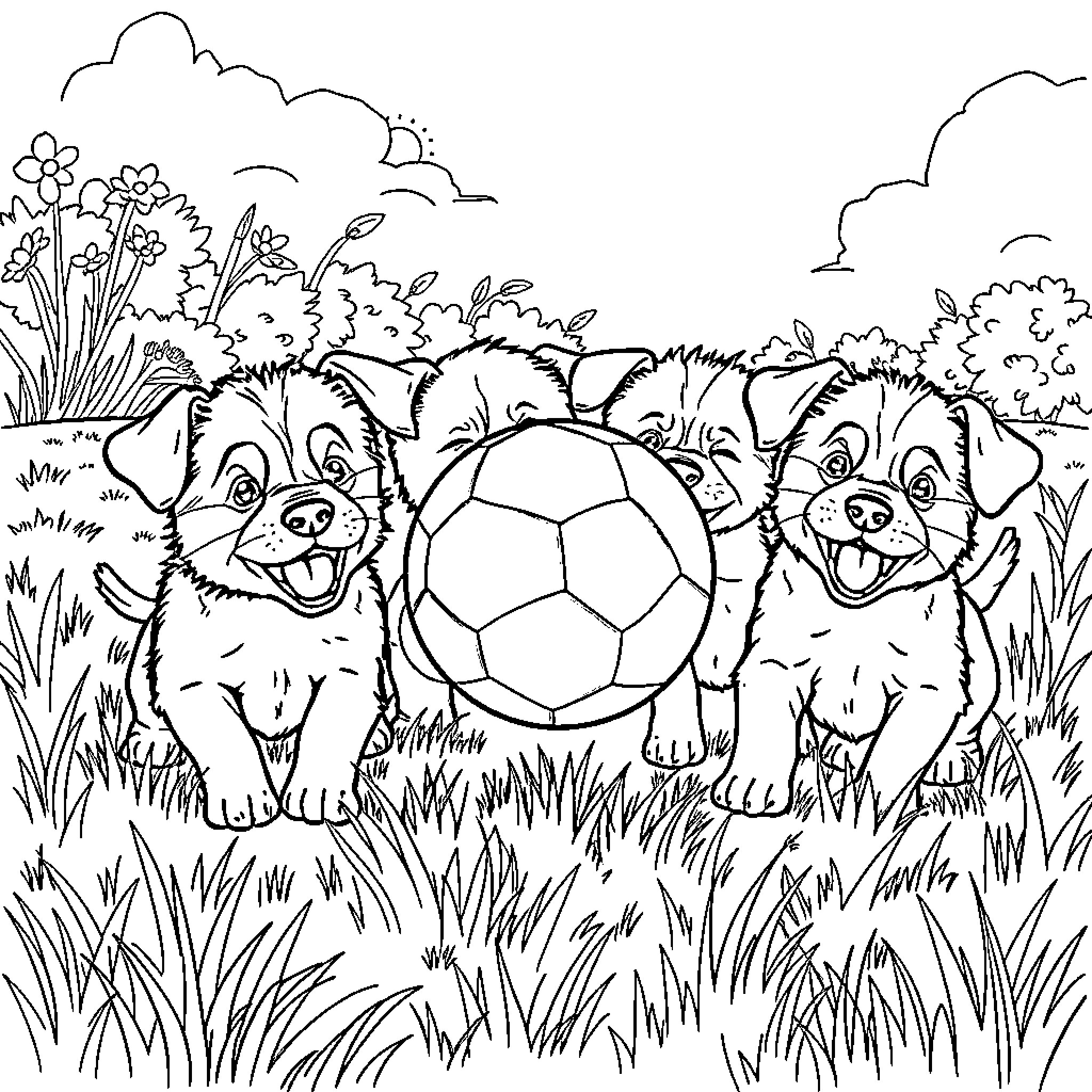 Puppies playing with soccer ball in grassy field Coloring Page (free black-and-white line drawing printable PDF for all, from beginners to advanced learners, including children, teens, adults, and seniors)