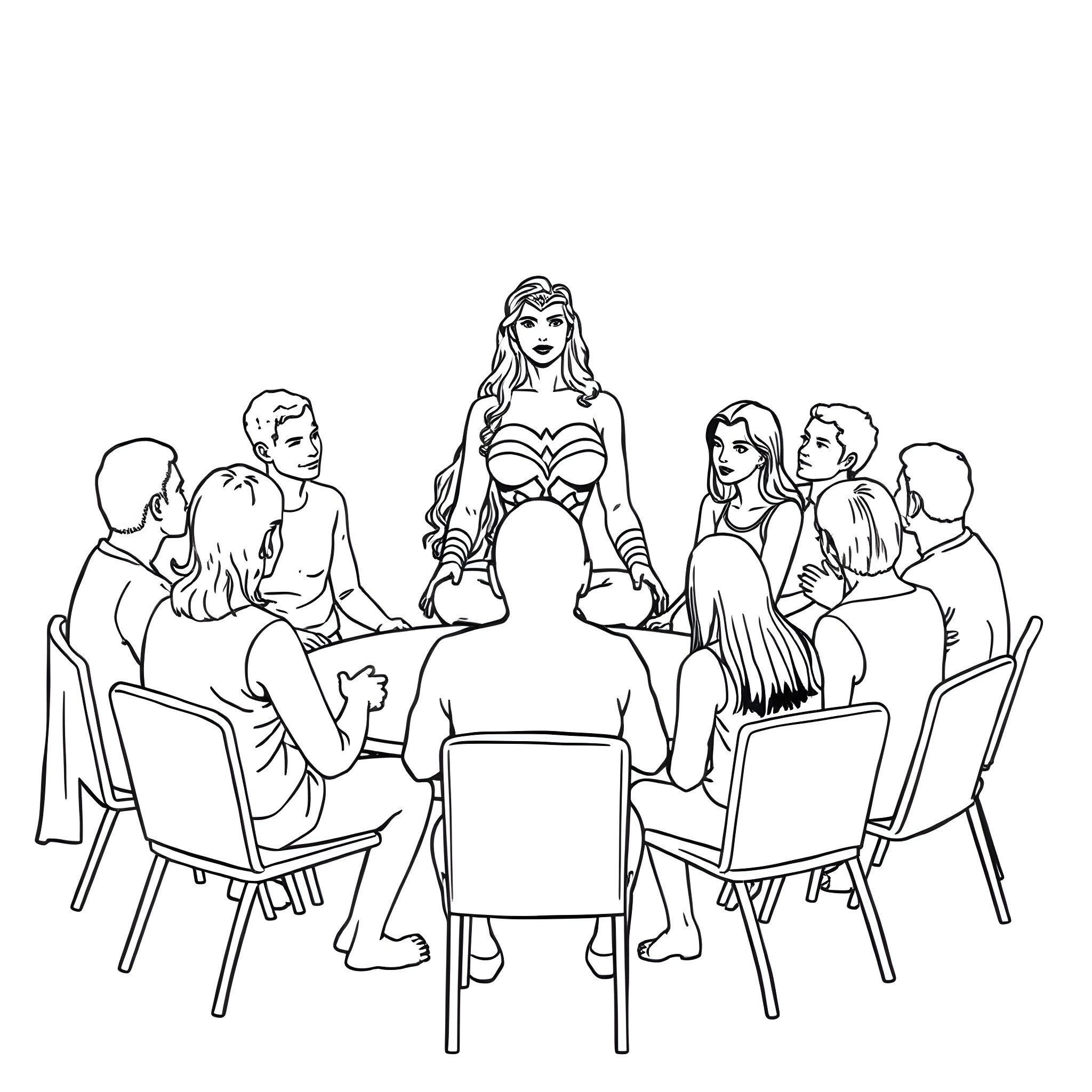 Wonder Woman Commanding the Attention of Her Audience Coloring Page (free black-and-white line drawing printable PDF for all, from beginners to advanced learners, including children, teens, adults, and seniors)