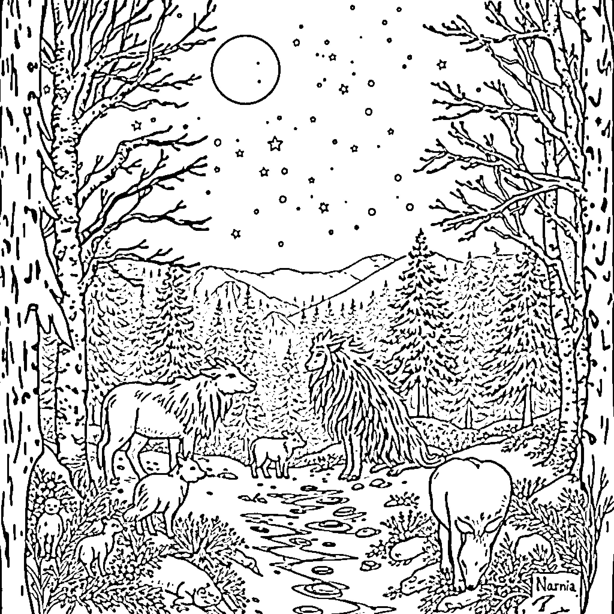 Narnia: Magical winter forest with animals Coloring Page (free black-and-white line drawing printable PDF for all, from beginners to advanced learners, including children, teens, adults, and seniors)