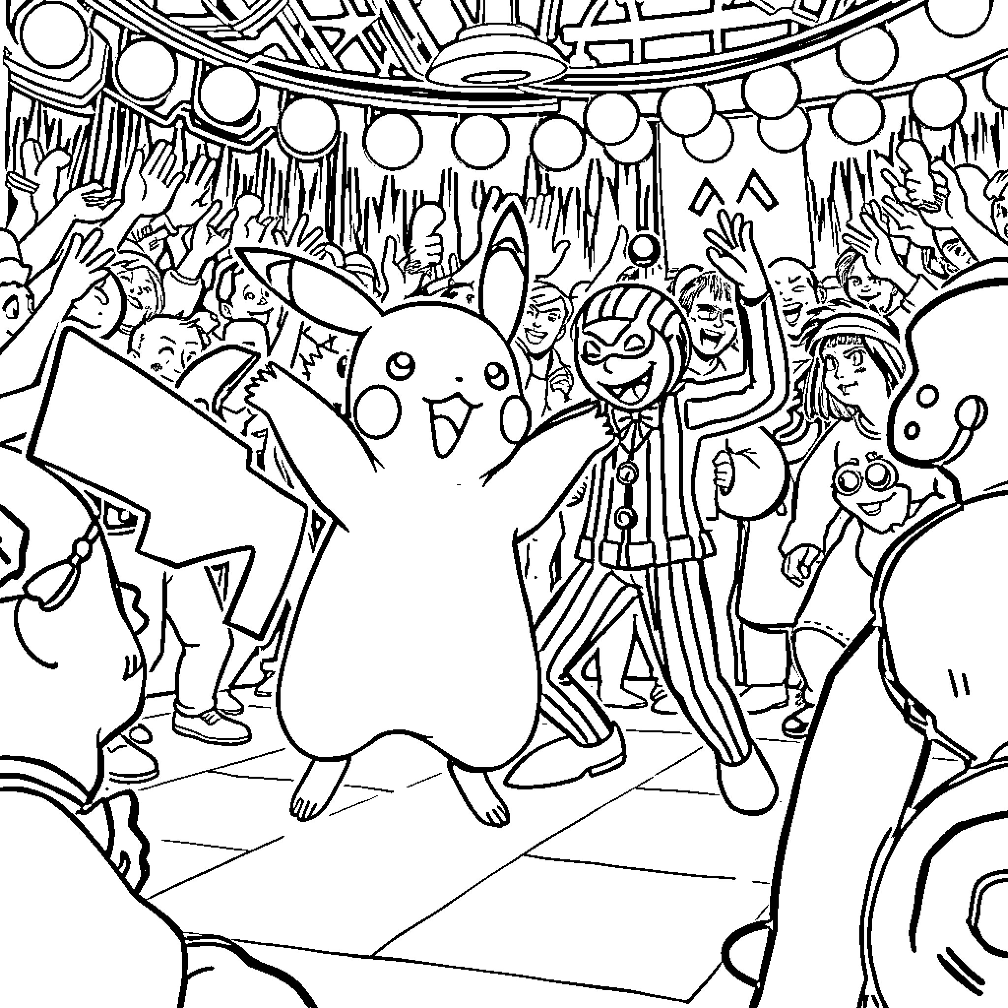 Pikachu enjoying a festive celebration with friends Coloring Page (free black-and-white line drawing printable PDF for all, from beginners to advanced learners, including children, teens, adults, and seniors)