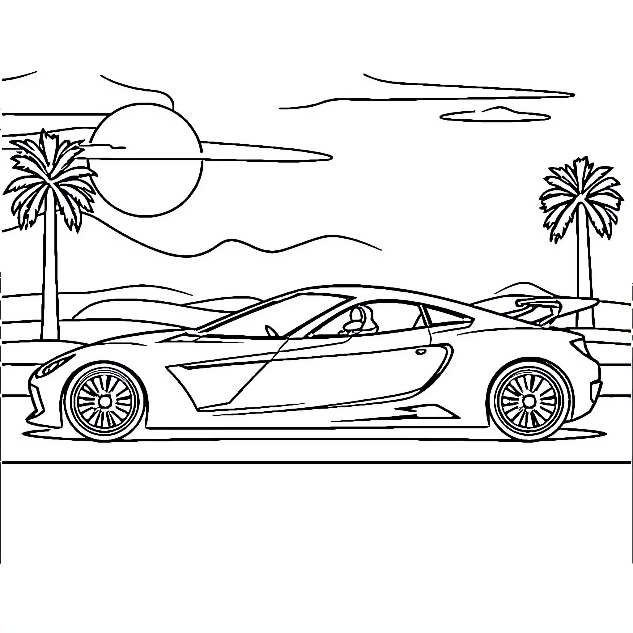 Smart Car in a tropical sunset scene Coloring Page (free black-and-white line drawing printable PDF for all, from beginners to advanced learners, including children, teens, adults, and seniors)