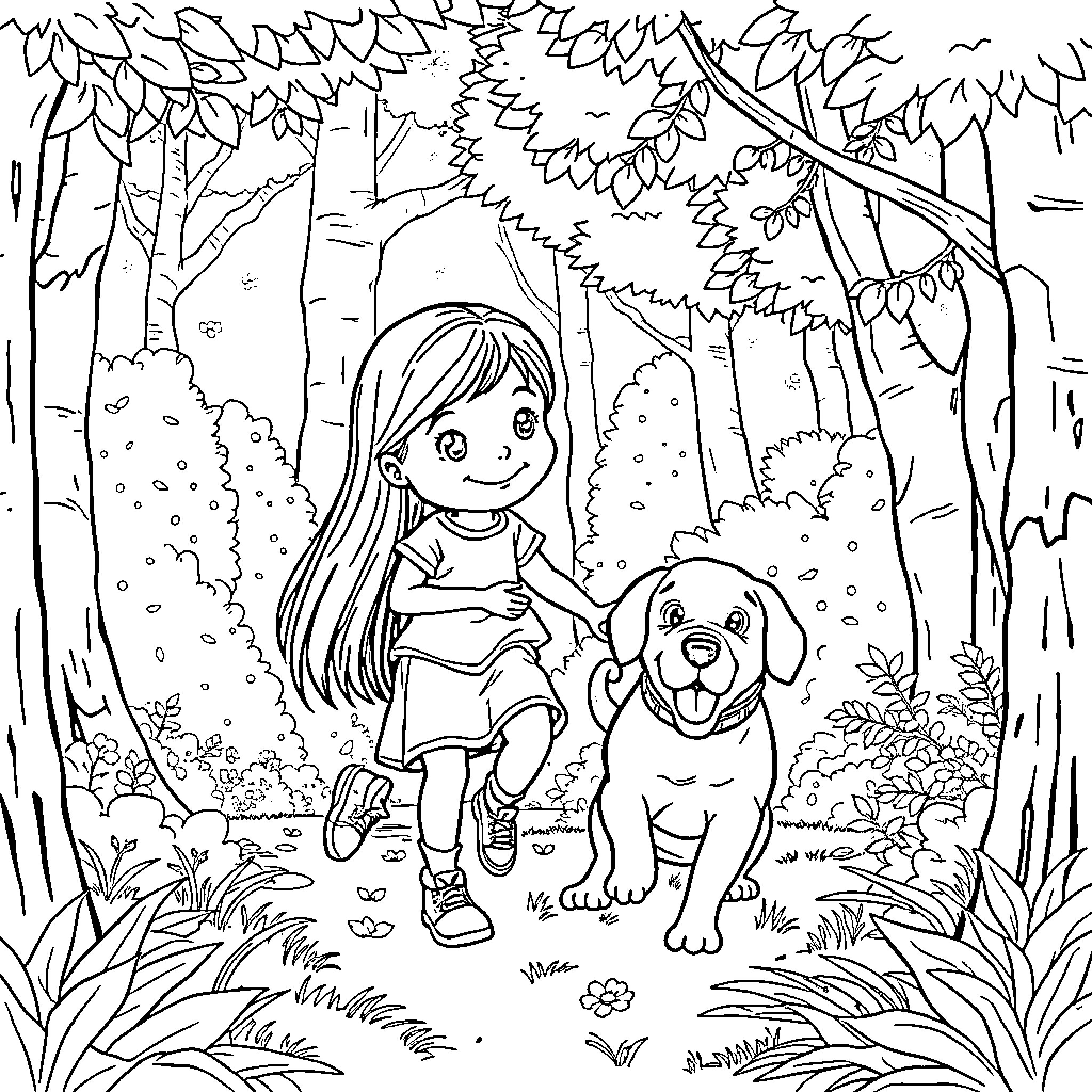 Girl exploring the forest with her dog Coloring Page (free black-and-white line drawing printable PDF for all, from beginners to advanced learners, including children, teens, adults, and seniors)