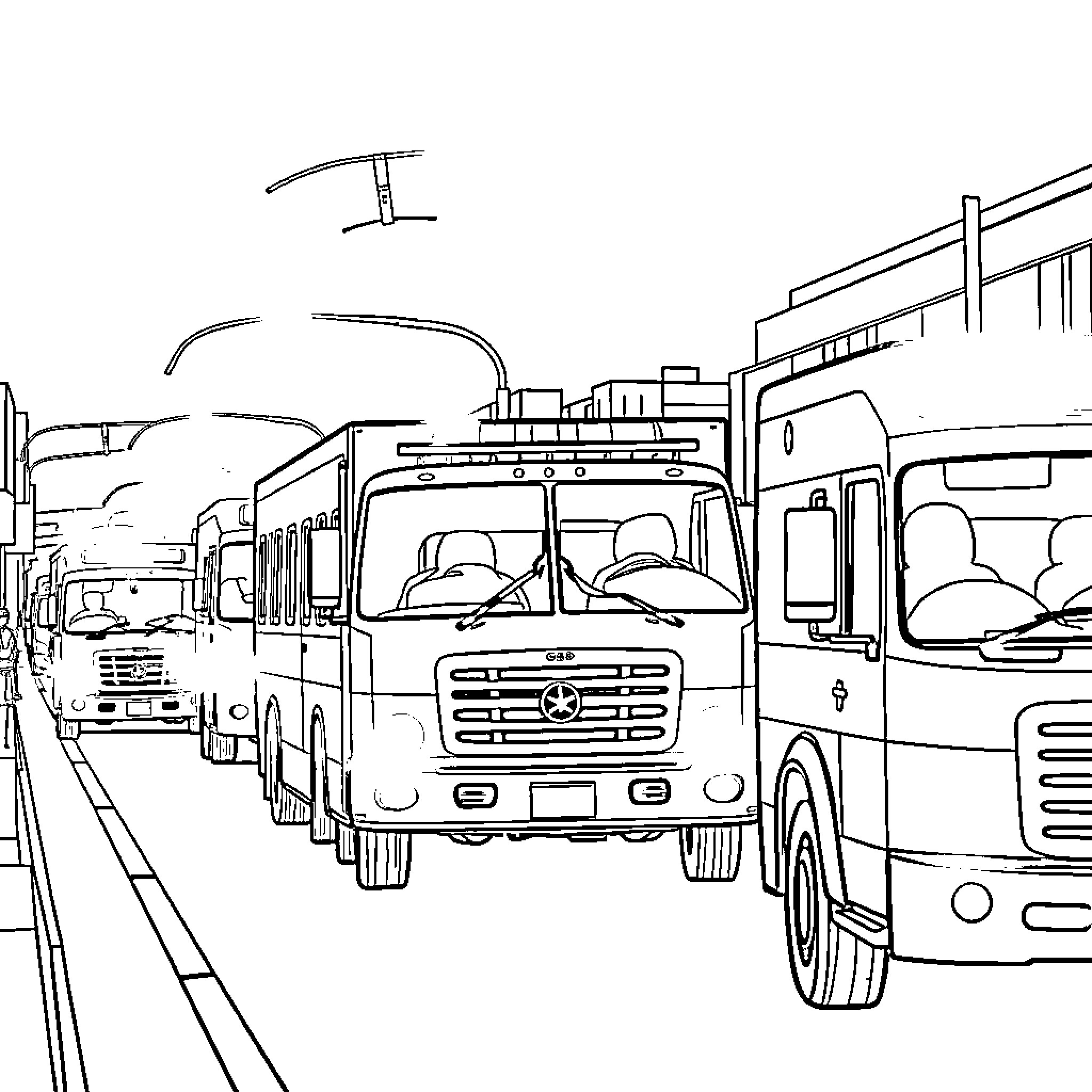 Emergency Vehicles Rushing Through Traffic on the Road Coloring Page (free black-and-white line drawing printable PDF for all, from beginners to advanced learners, including children, teens, adults, and seniors)
