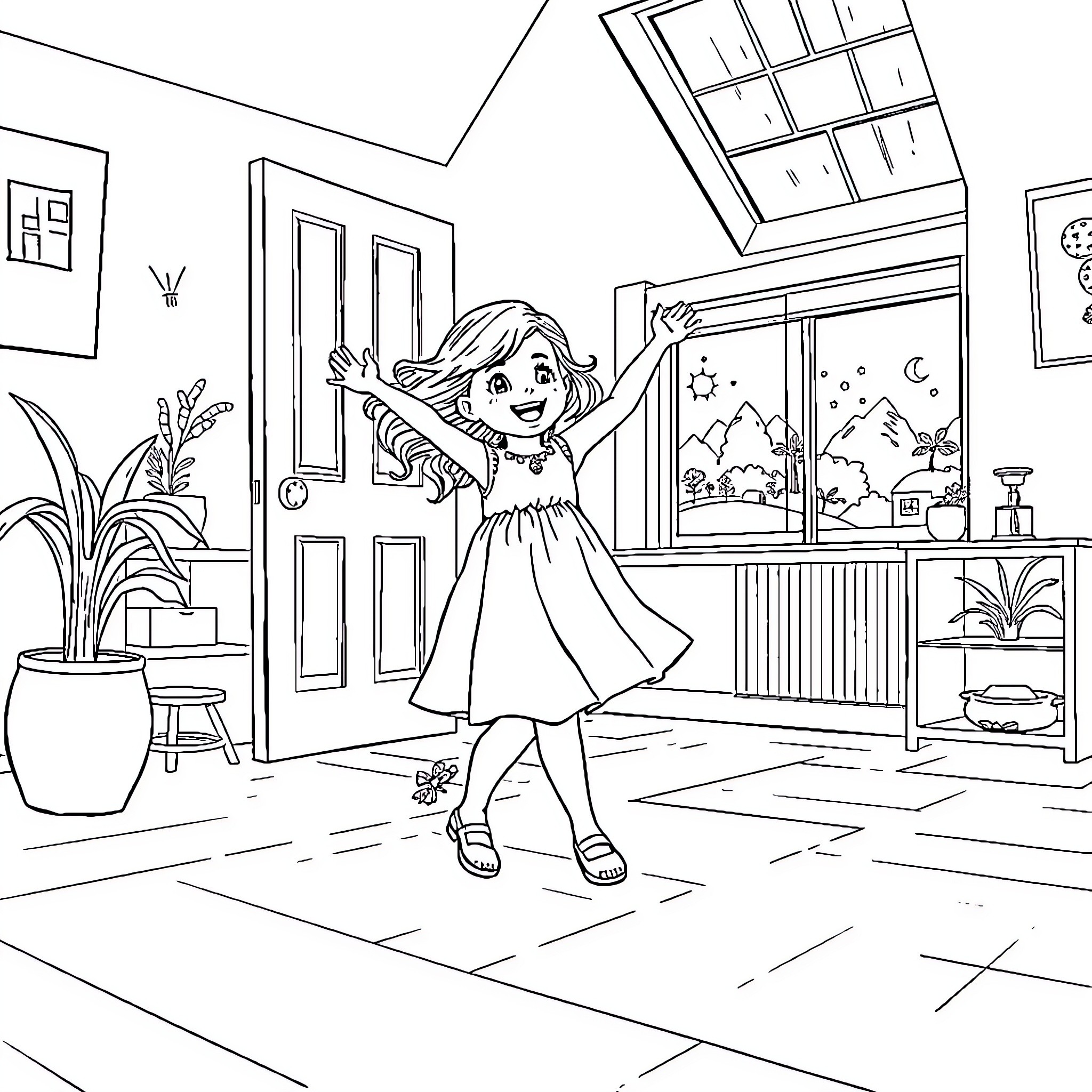 Girl dancing joyfully in her room Coloring Page (free black-and-white line drawing printable PDF for all, from beginners to advanced learners, including children, teens, adults, and seniors)