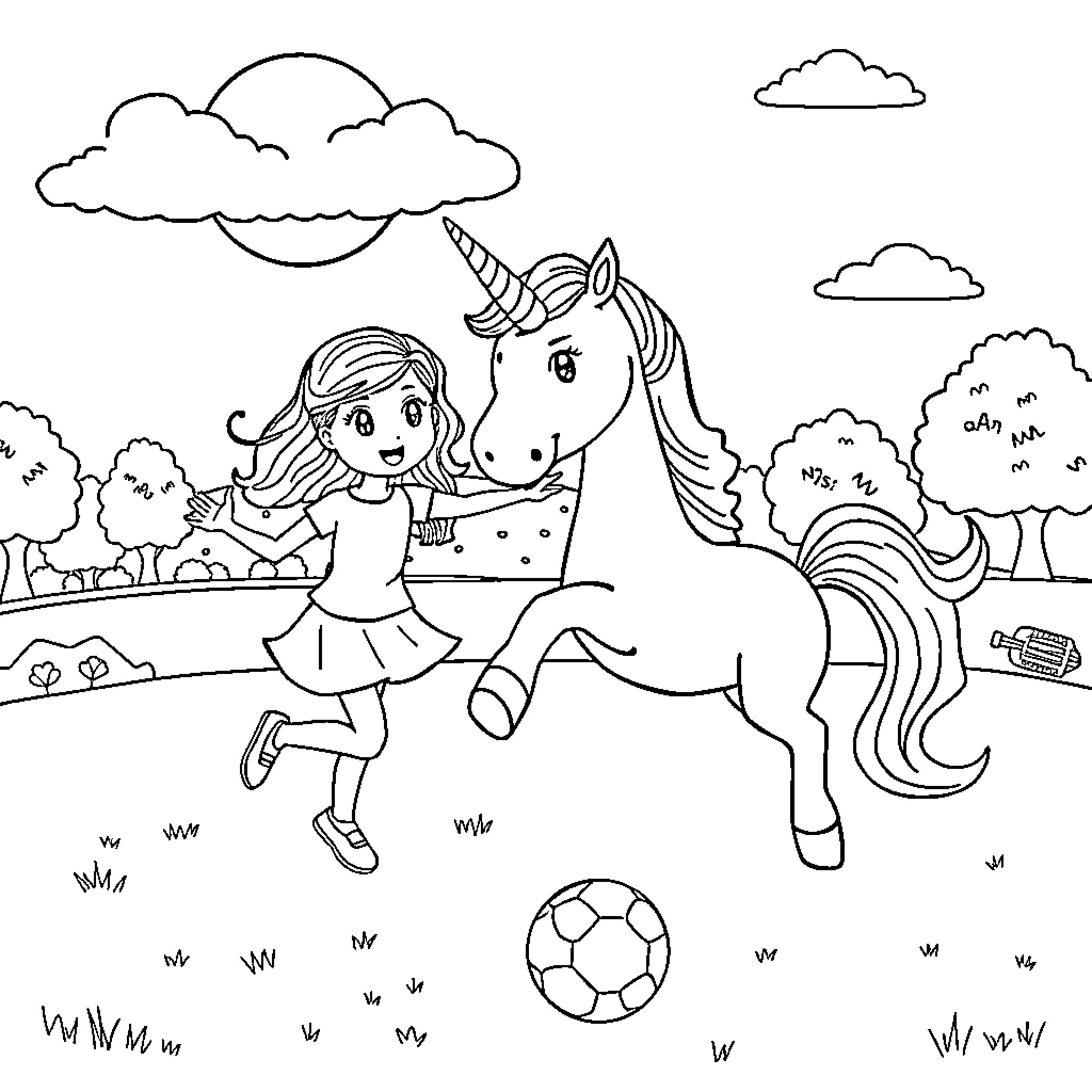 Unicorn and girl playing in the park Coloring Page (free black-and-white line drawing printable PDF for all, from beginners to advanced learners, including children, teens, adults, and seniors)